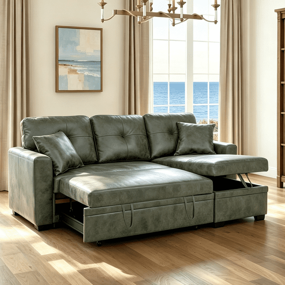 Gewnee Convertible Sofa Bed,Sectional Sleeper Sofa with Pull Out Bed & Storage Chaise,L-Shaped Couch for Living Room.Olive Green Foil Fabric