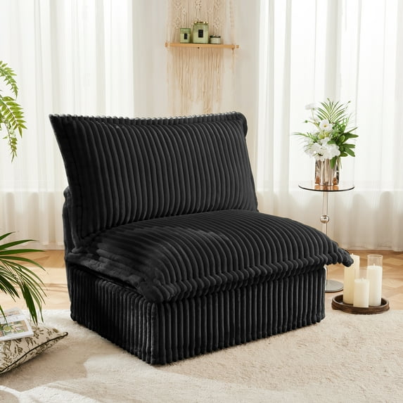 Gewnee Corduroy Fabric Black Deep Seat Singel Armless Sofa Couch for Living Room, Reading Room, Bedroom and Working Spaces