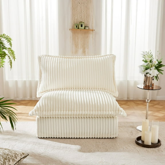 Gewnee Corduroy Fabric Cream Deep Seat Singel Armless Sofa Couch for Living Room, Reading Room, Bedroom and Working Spaces