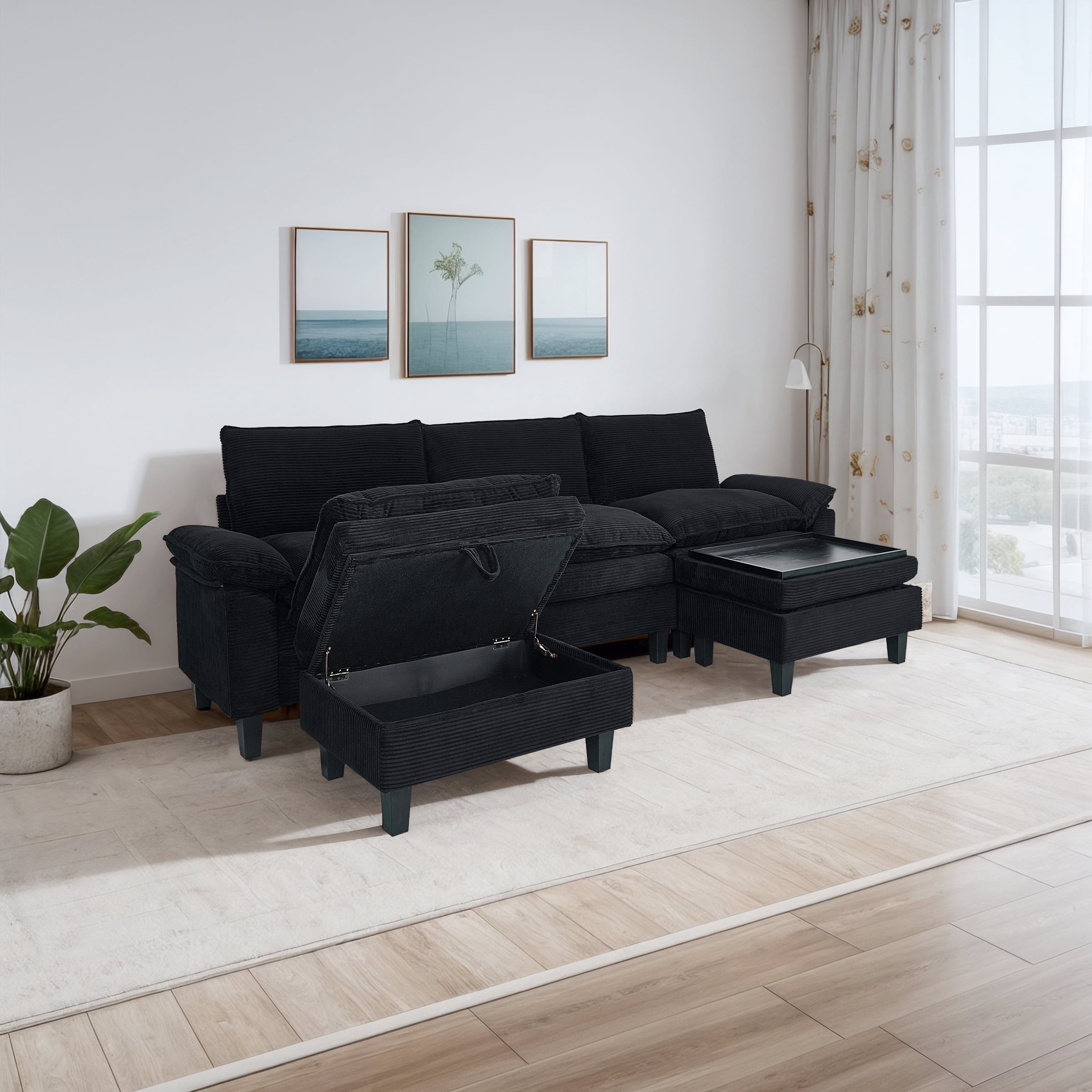 Gewnee Corduroy Fabric Modular Sofa Upholstered Modern Sofa, 3 Seater Comfy Couch With Tea Table Storage Ottoman for Bedroom and Living Room, Apartment, Bedroom, Dorm, Office,