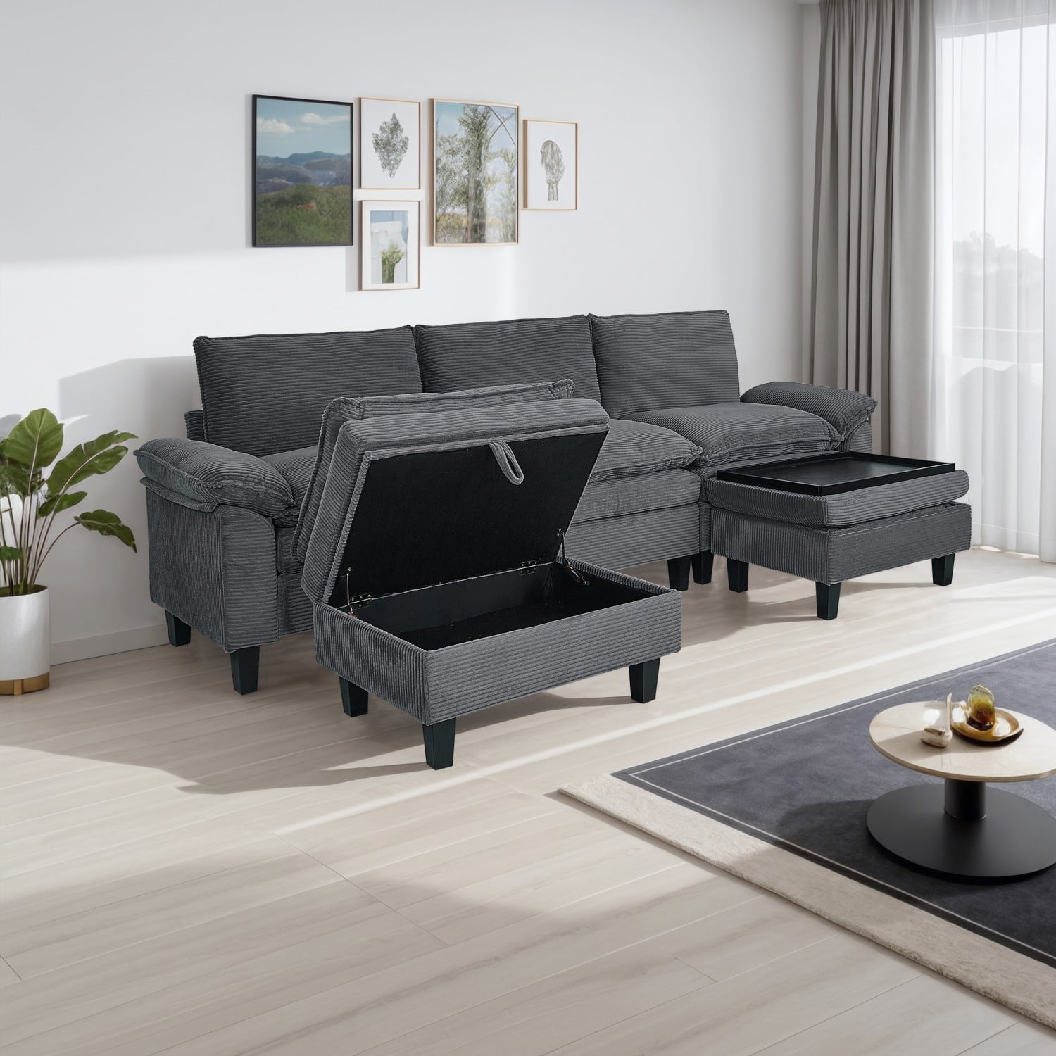 Gewnee Corduroy Fabric Modular Sofa Upholstered Modern Sofa, 3 Seater Comfy Couch With Tea Table Storage Ottoman for Bedroom and Living Room, Apartment, Bedroom, Dorm, Office,
