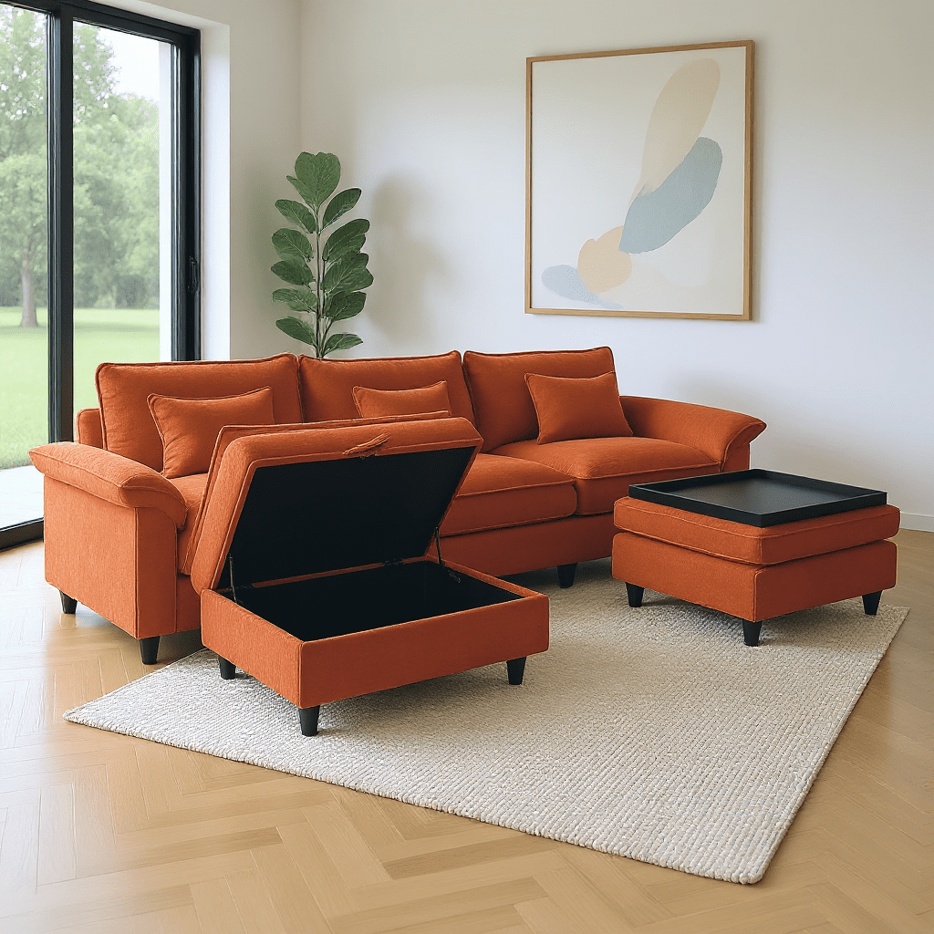 Gewnee Corduroy Fabric Modular Sofa Upholstered Modern Sofa, 3 Seater Comfy Couch With Tea Table Storage Ottoman for Bedroom and Living Room, Apartment, Bedroom, Dorm, Office,