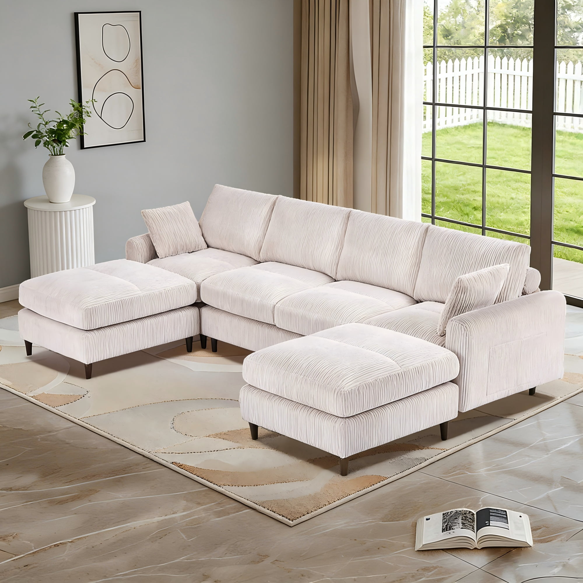 Gewnee Corduroy Modular Combination 6 Seat Sofa,U-shaped Foldable L-shaped Sofa Set with Ottomans,Adjustable Headrest,Side Storage Bag,Suitable for Living Room,Apartment,Office.Beige