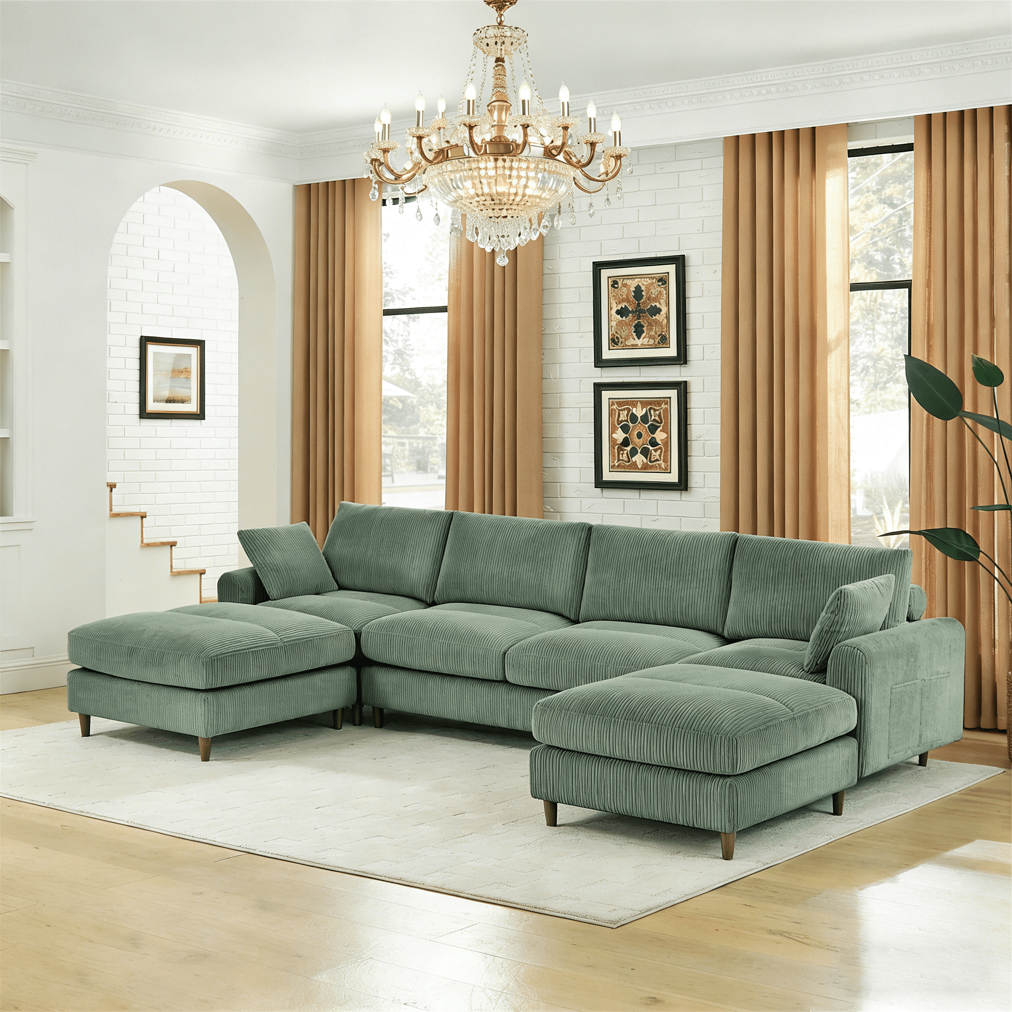 Gewnee Corduroy Modular Combination 6 Seat Sofa,U-shaped Foldable L-shaped Sofa Set with Ottomans,Adjustable Headrest,Side Storage Bag,Suitable for Living Room,Apartment,Office.Olive Green