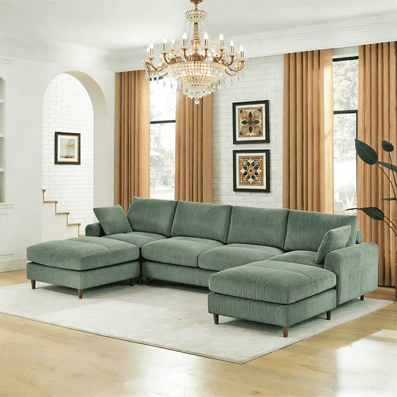 Gewnee Corduroy Modular Combination 6 Seat Sofa,U-shaped Foldable L-shaped Sofa Set with Ottomans,Adjustable Headrest,Side Storage Bag,Suitable for Living Room,Apartment,Office.Olive Green
