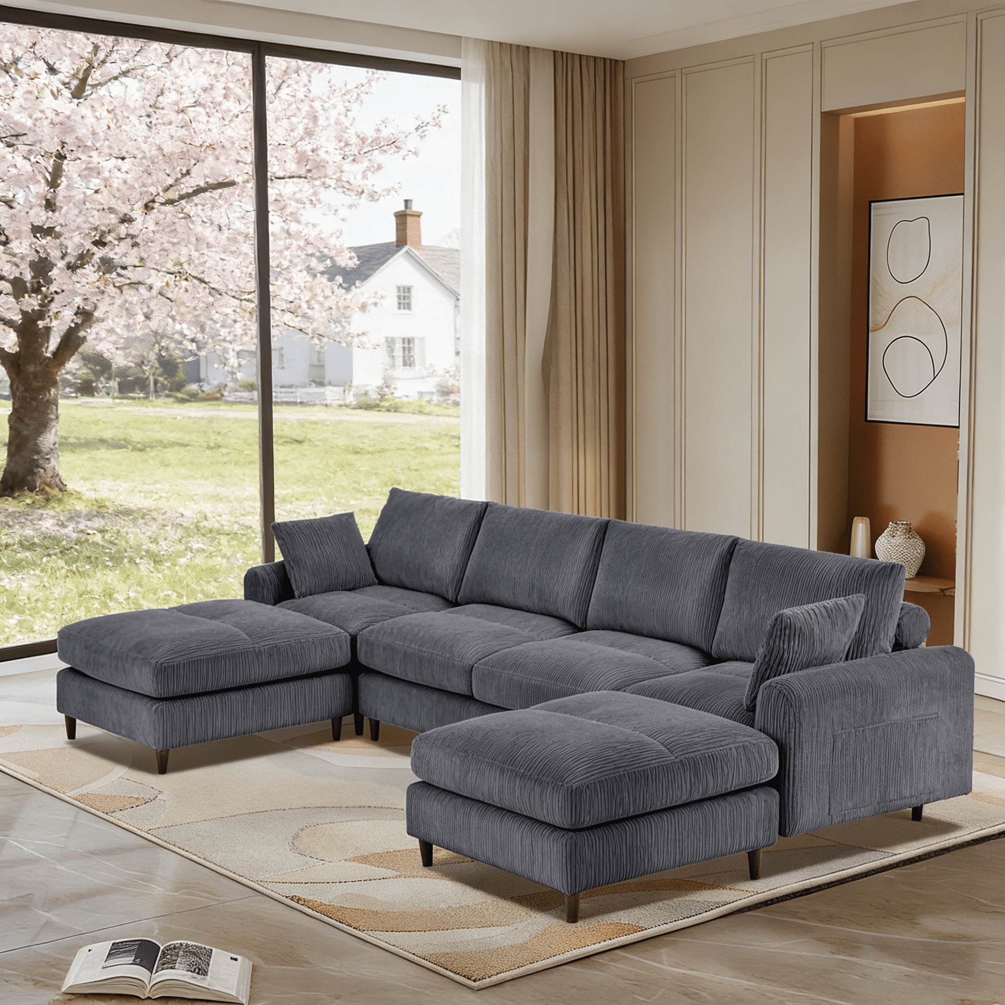 Gewnee Corduroy Modular Combination 6 Seat Sofa,U-shaped Foldable L-shaped Sofa Set with Ottomans,Adjustable Headrest,Side Storage Bag,Suitable for Living Room,Apartment,Office.Grey