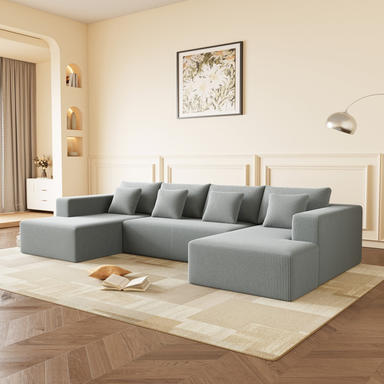 Gewnee Luxury Oversized Deep Seat Corduroy U-Shaped Modular Sofa with Chaise - For Living Room, Office