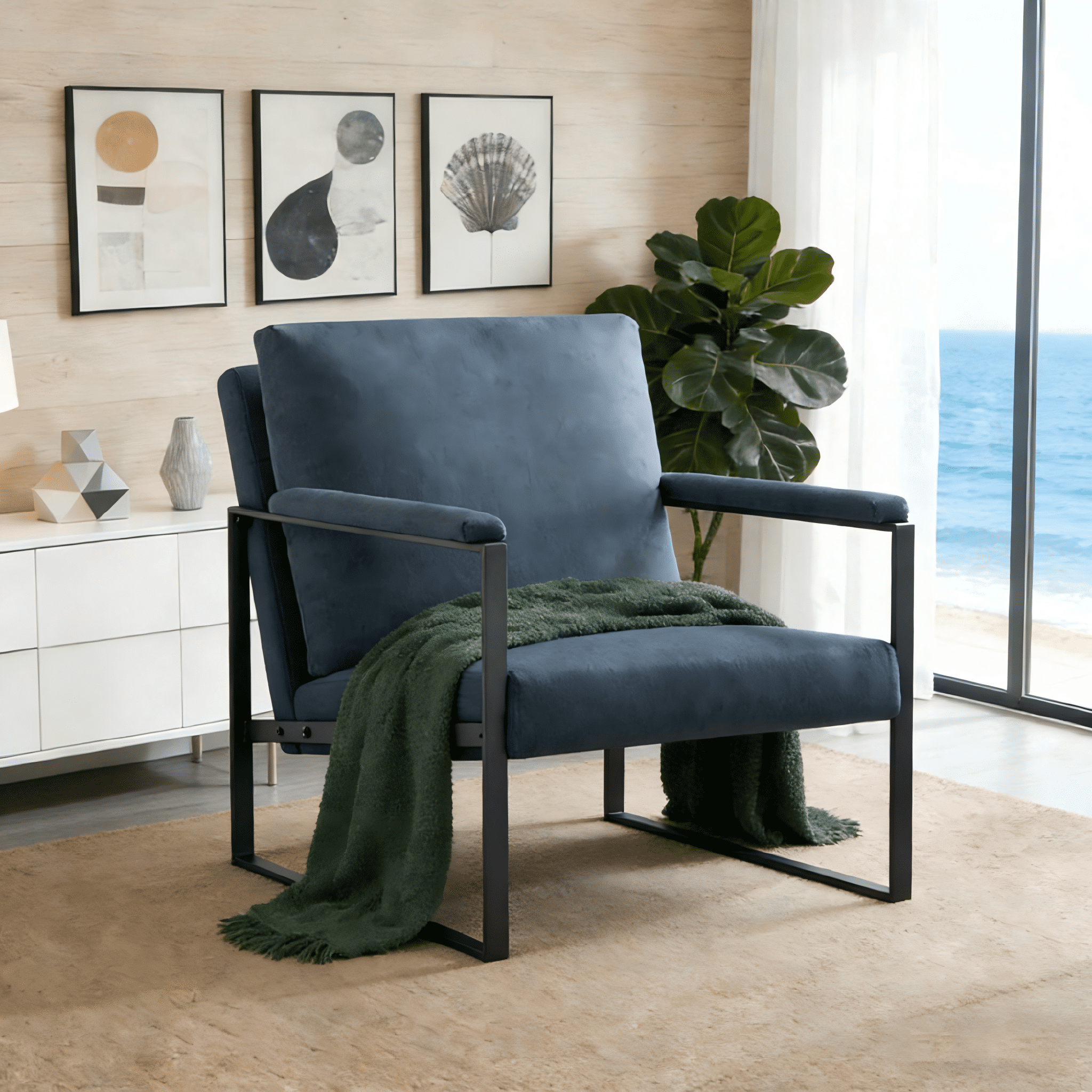 Gewnee Dark Blue 26.8” Metal Frame Accent Armchair, Linen Blend Upholstery with Removable Cushion for Home Office Study