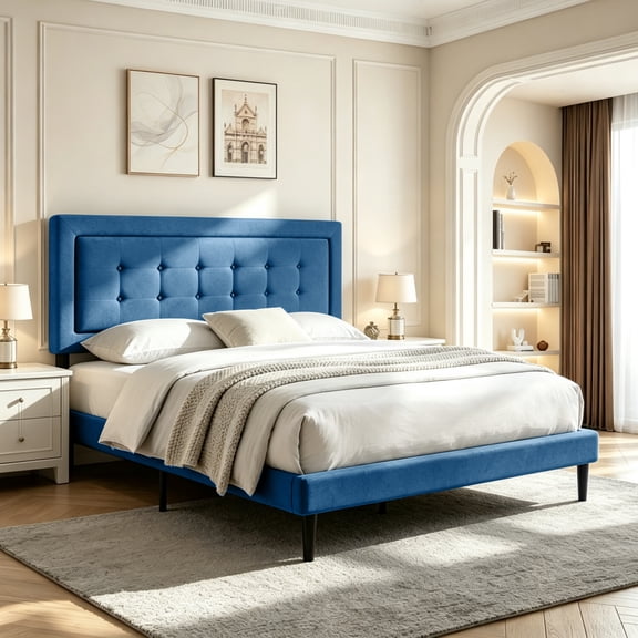 Gewnee Queen Size Platform Bed Frame with Upholstered Tufted Headboard,Wood Slats Support,Easy Assembly,No Box Spring Needed,Dark Blue