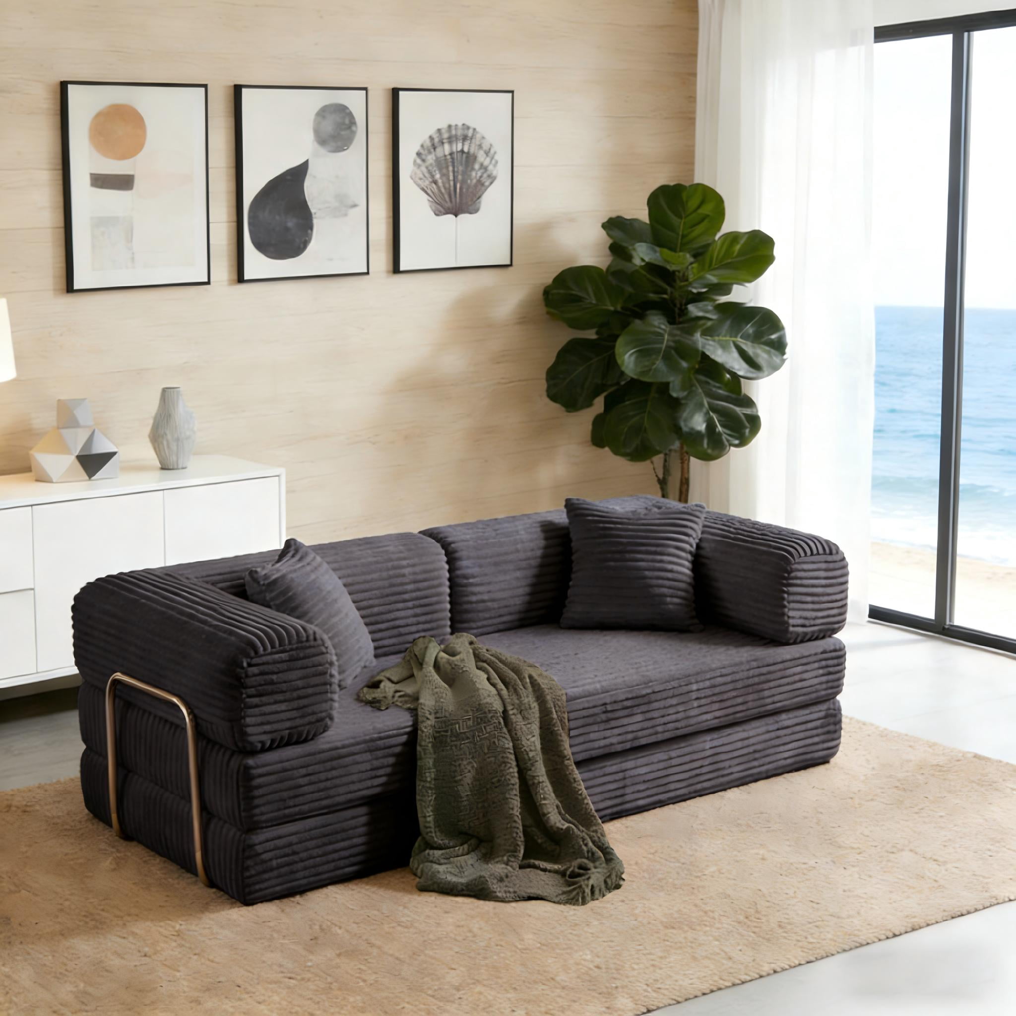 Gewnee Dark Gray 2-in-1 Convertible Corduroy Sofa Bed with High-Density Sponge No Assembly for Apartment Dorm Office