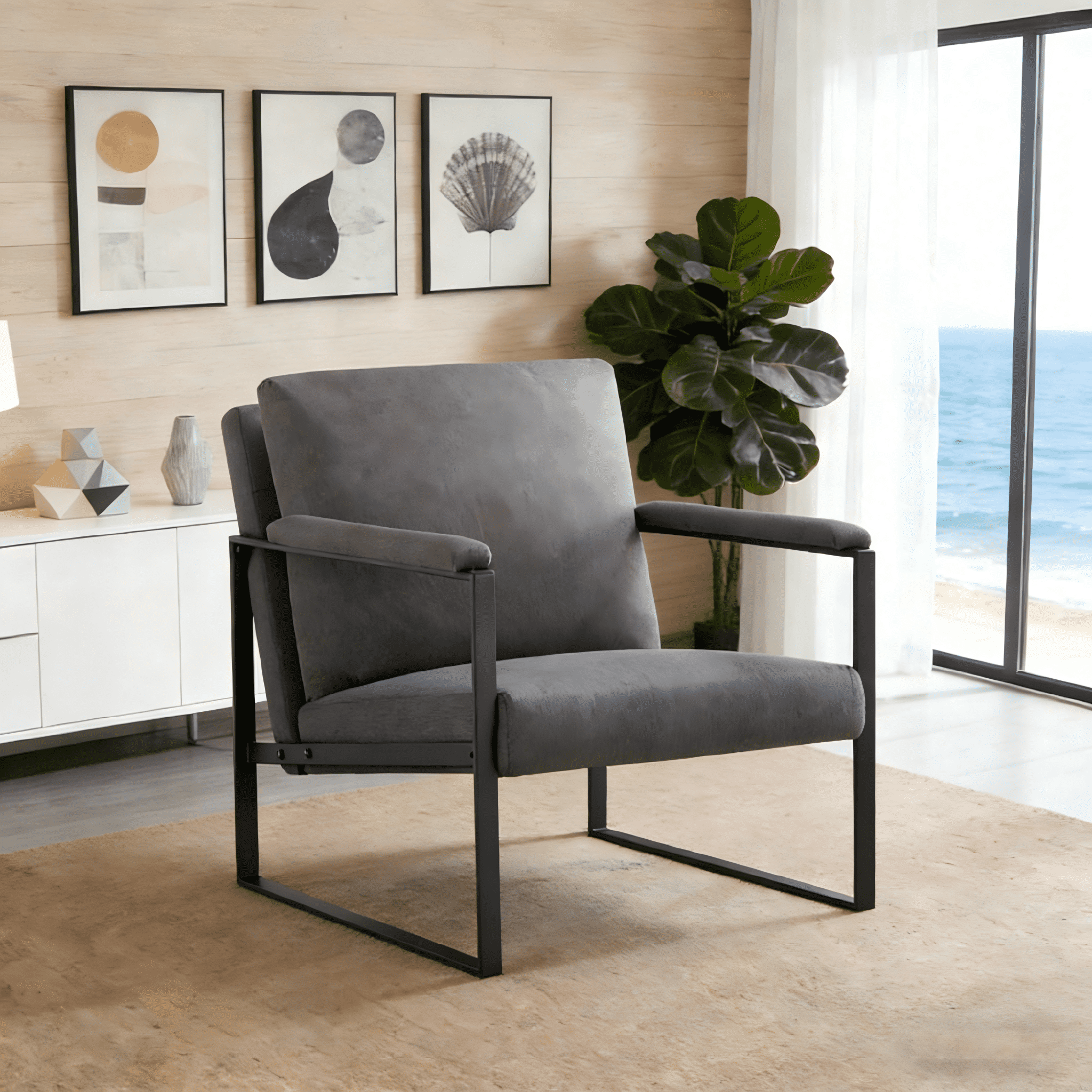 Gewnee Dark Gray 26.8” Metal Frame Accent Armchair, Linen Blend Soft Cushion Chair for Residential Living Space