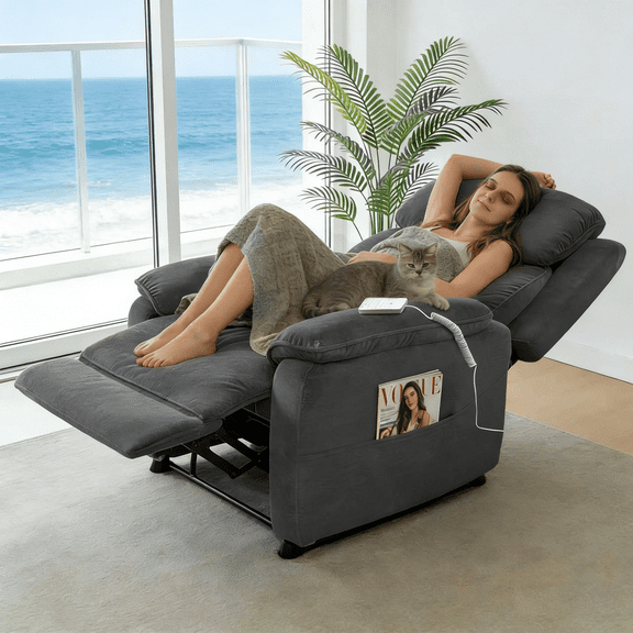 Gewnee Dark Gray 34.84" Power Recliner, Chenille Upholstered with Solid Wood Frame, for Living Room Office Bedroom