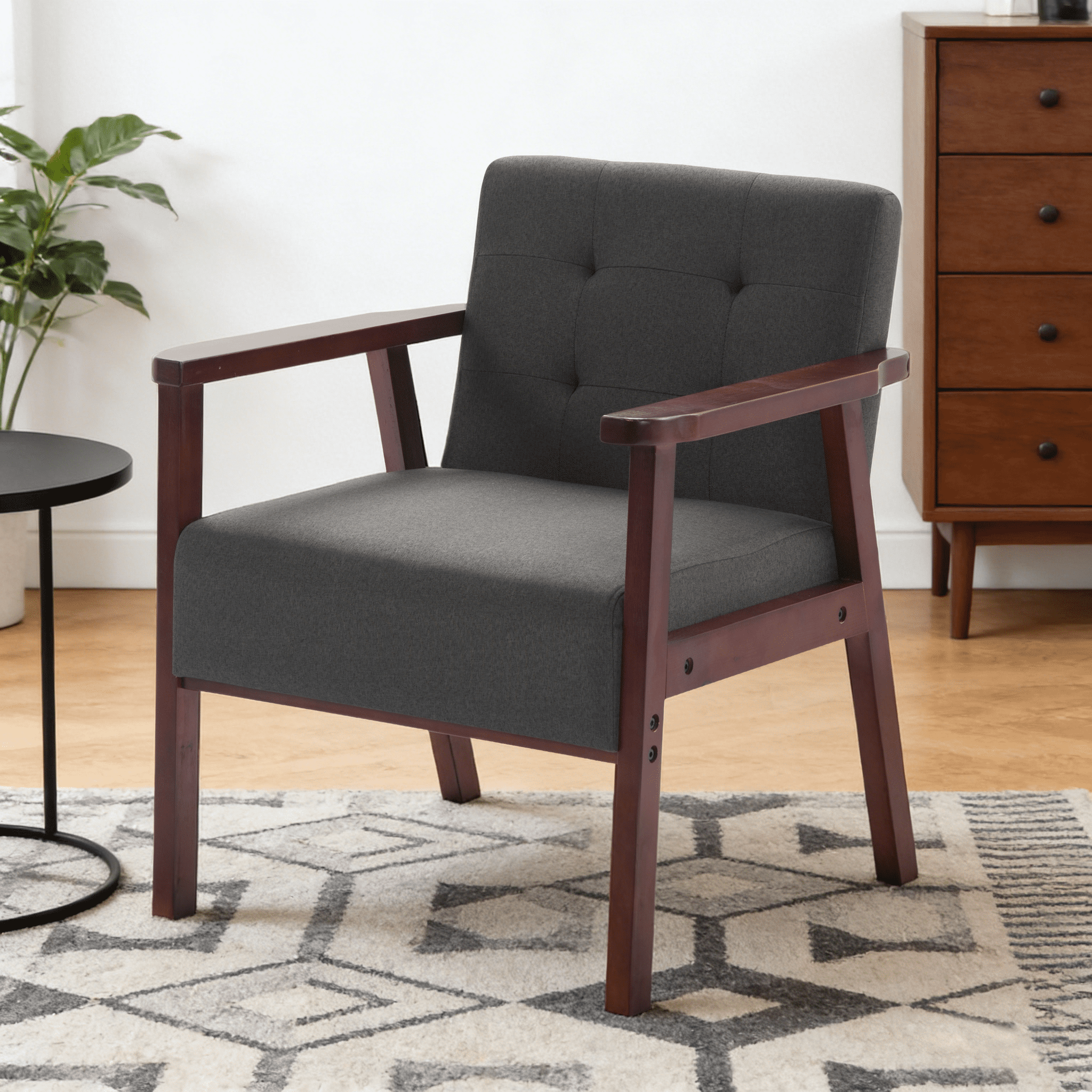 Gewnee Dark Gray Linen Wood Frame Accent Armchair, Sturdy Cedar Legs, High-Density Foam Seat, Non-Slip Pads, for Living Room Bedroom Office