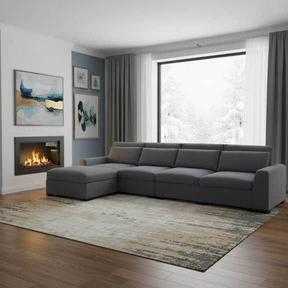 Gewnee Dark Grey 149" Modular Sectional Sofa with Ottoman - 5-Seat Linen Blend, Removable Cushions for Living Room