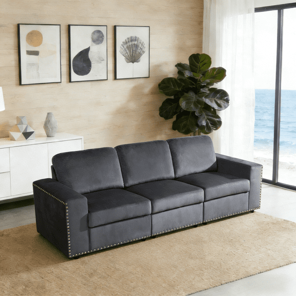 Gewnee Dark Grey 3-Seat Modular Sofa with Microfiber Fabric Solid Wood Frame Double Springs for Living Room