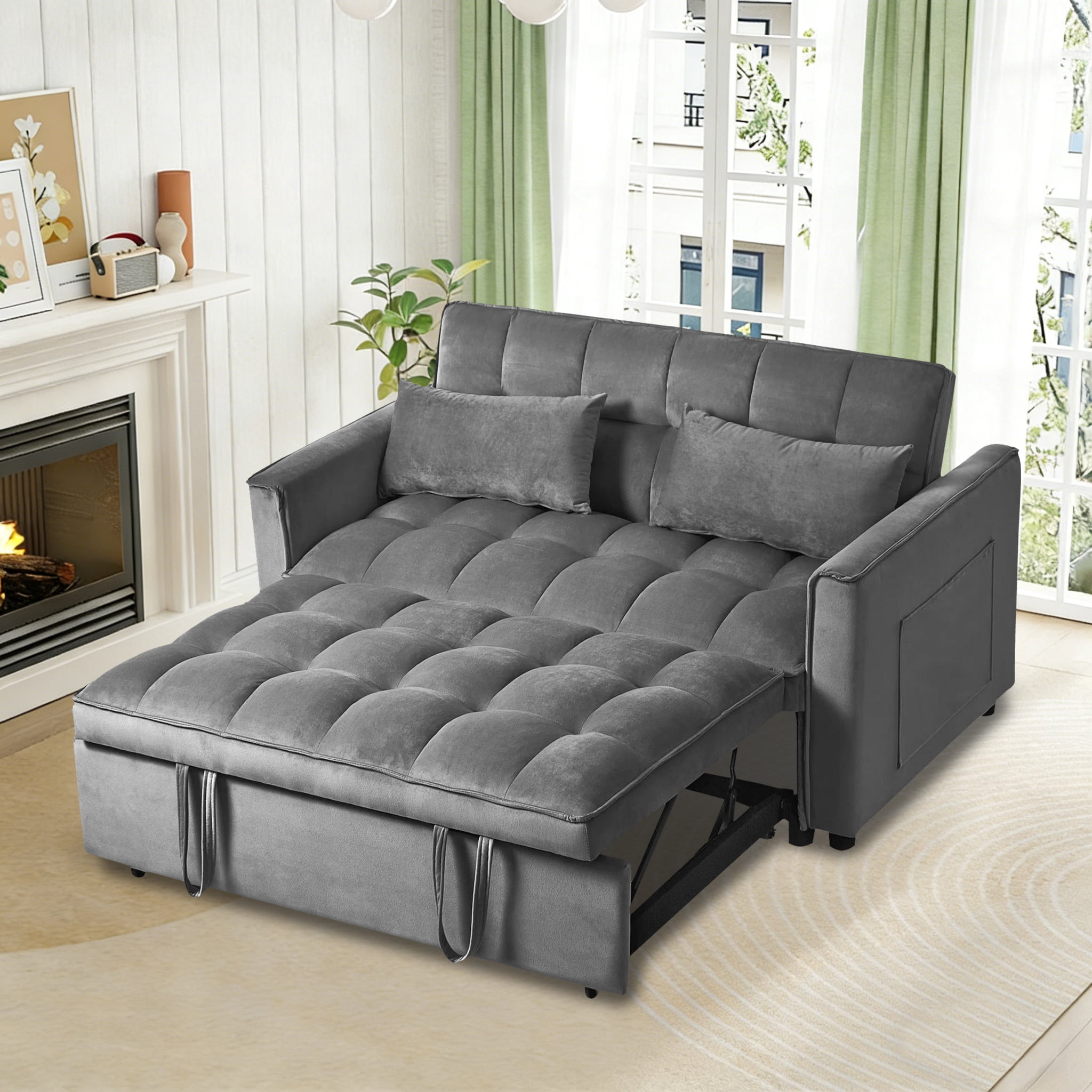 Gewnee 52.75" Convertible Sleeper Sofa Bed,Pull Out Couch with Adjustable Backres & Side Pockets for Living Room,Apartment.Dark Grey