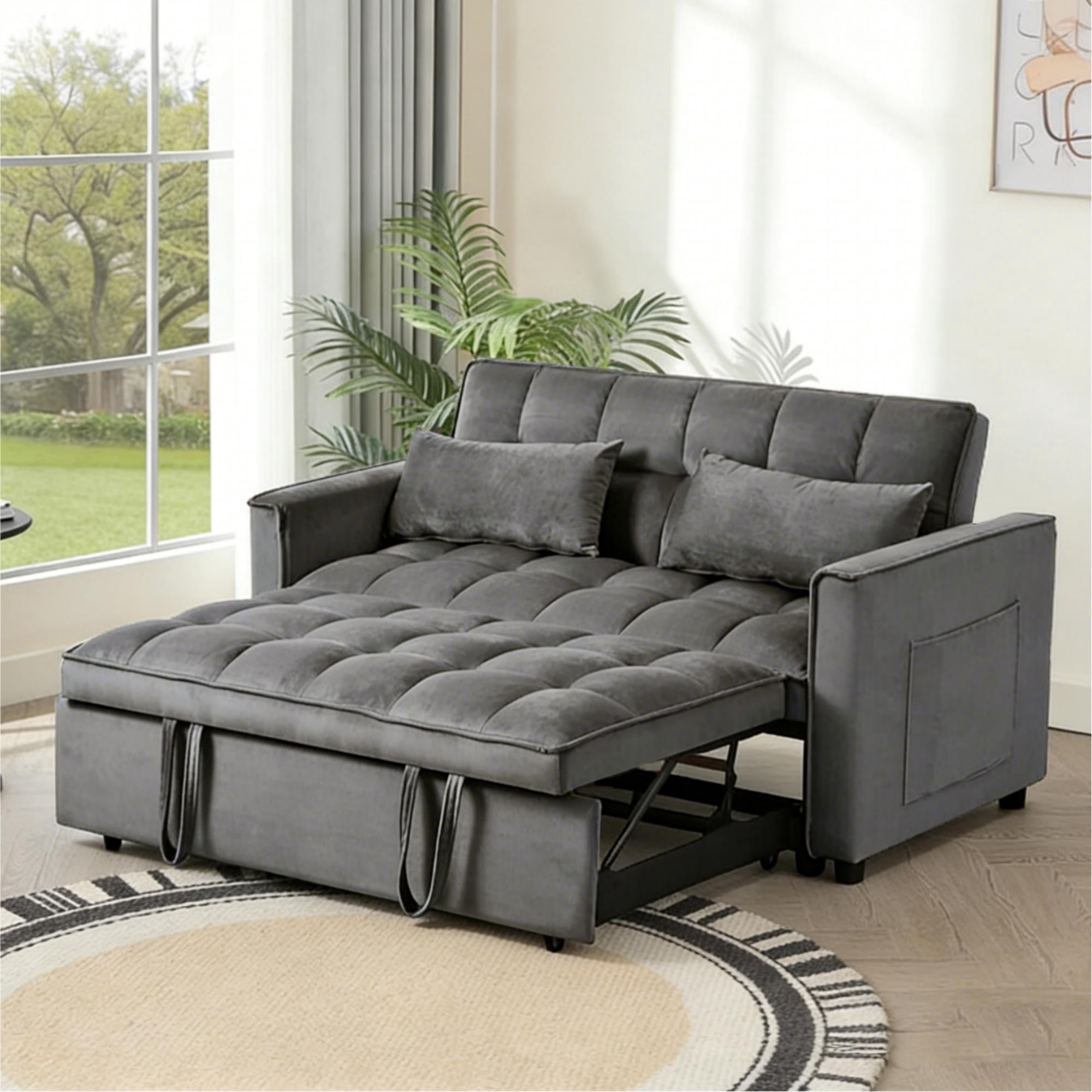 Gewnee 52.75 Inch 3 in 1 Convertible Sofa Bed,Velvet Pull Out Couch WITH Adjustable Backrest & Storage Pockets for Living Room,Apartment.Dark Grey