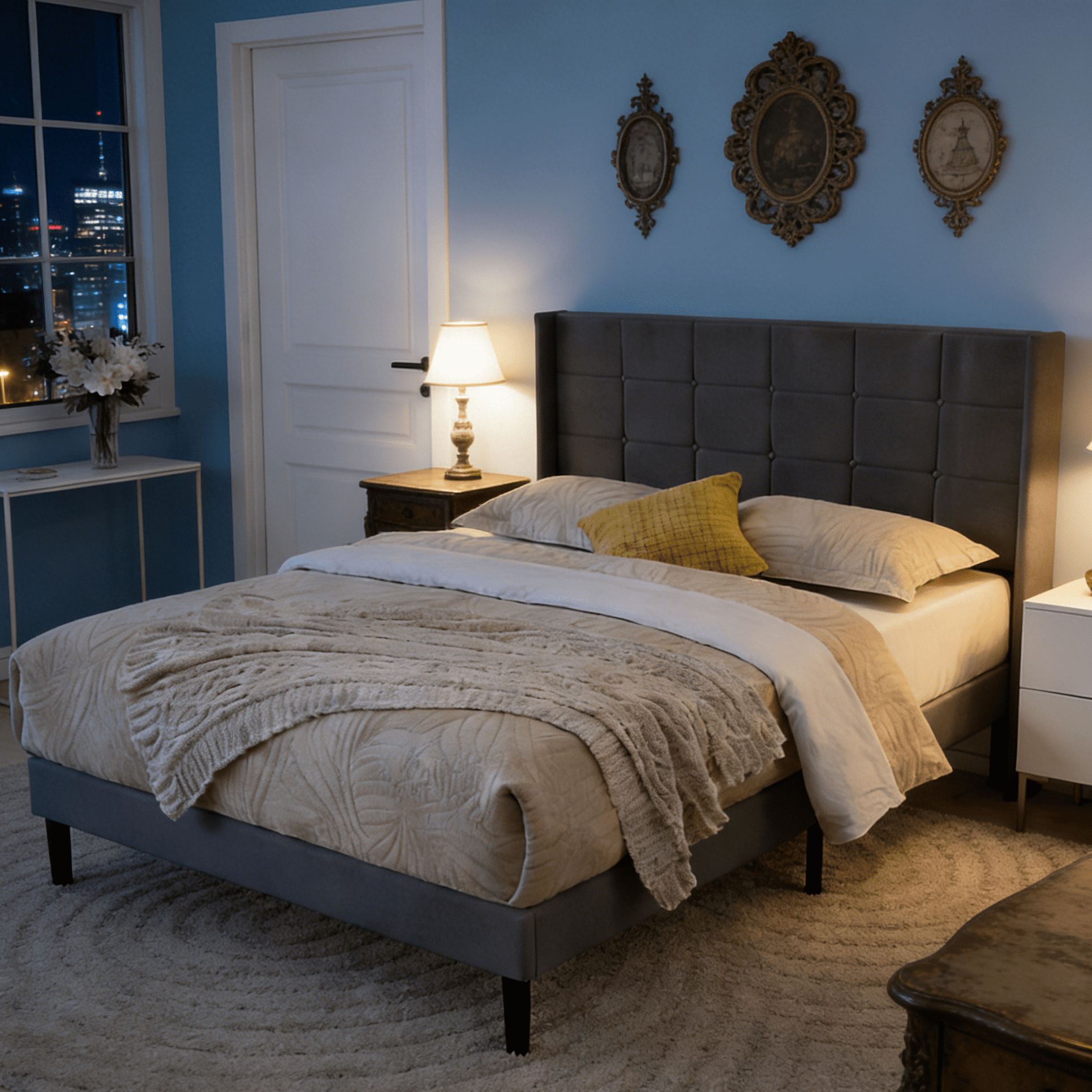 Gewnee Dark Grey Full Size Platform Bed Frame Linen Upholstered Tufted Headboard Solid Wood Slat Support with Center Leg for Bedroom