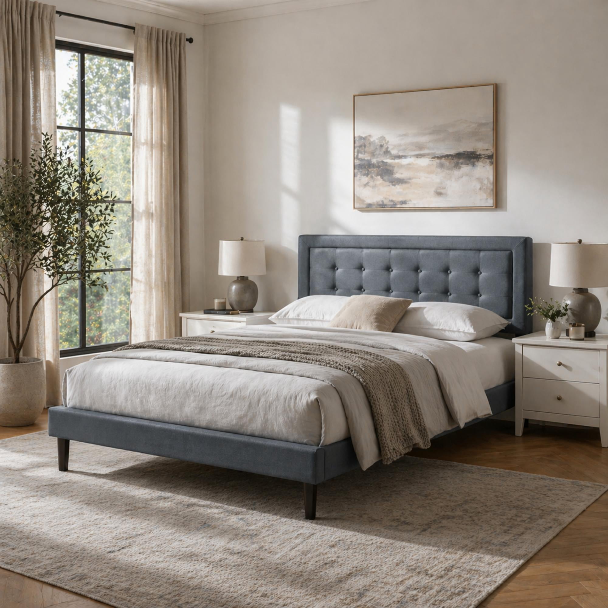 Gewnee Queen Size Platform Bed Frame with Upholstered Tufted Headboard,Wood Slats Support,Easy Assembly,No Box Spring Needed,Dark Grey