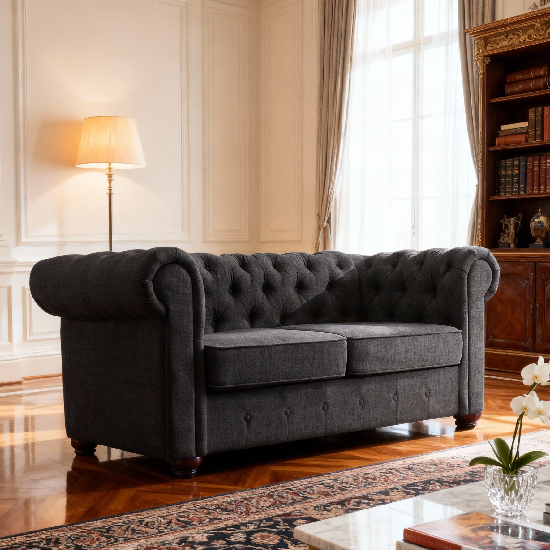 Gewnee Dark gray 65” Loveseat, Solid Wood Frame & Rubberwood Legs for Living Room, Apartment, Guest Room