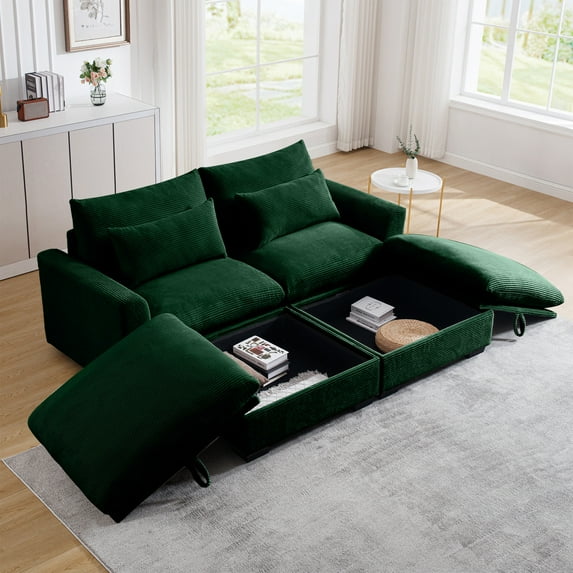 Gewnee Deep Seat 86.6"Corduroy Loveseat Modular Sectional 2 Storage Ottomans Sofa Couch, Comfy Cloud Couch for Living Room