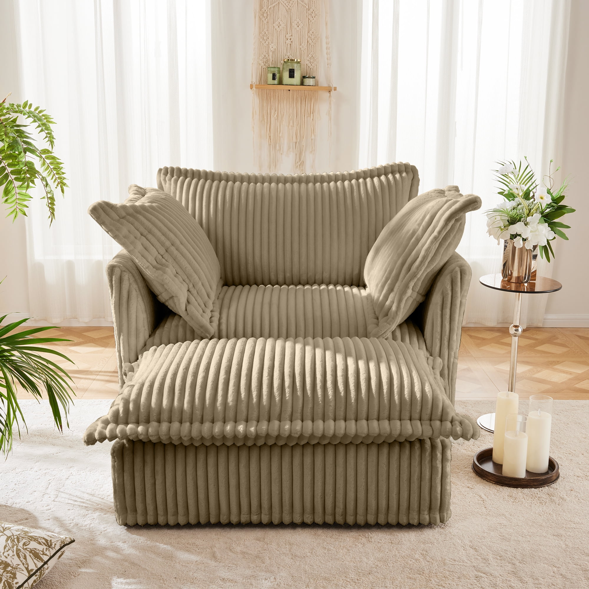 Gewnee Deep Seat Armchair with Ottoman, Camel Corduroy Fabric with Large Soft Pillows(Set of 2) for Living Room