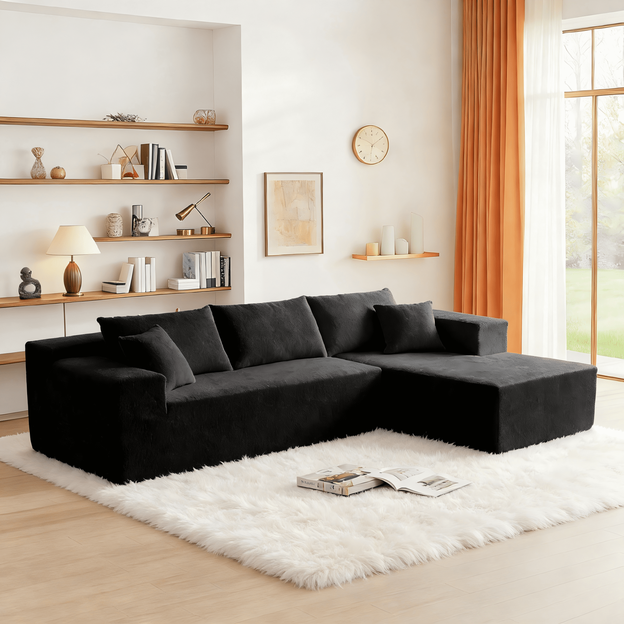 Gewnee Deep Seat Corduroy Sofa, No Assembly Compressed Couch with Soft Cushions for Living Room & Apartments，Black