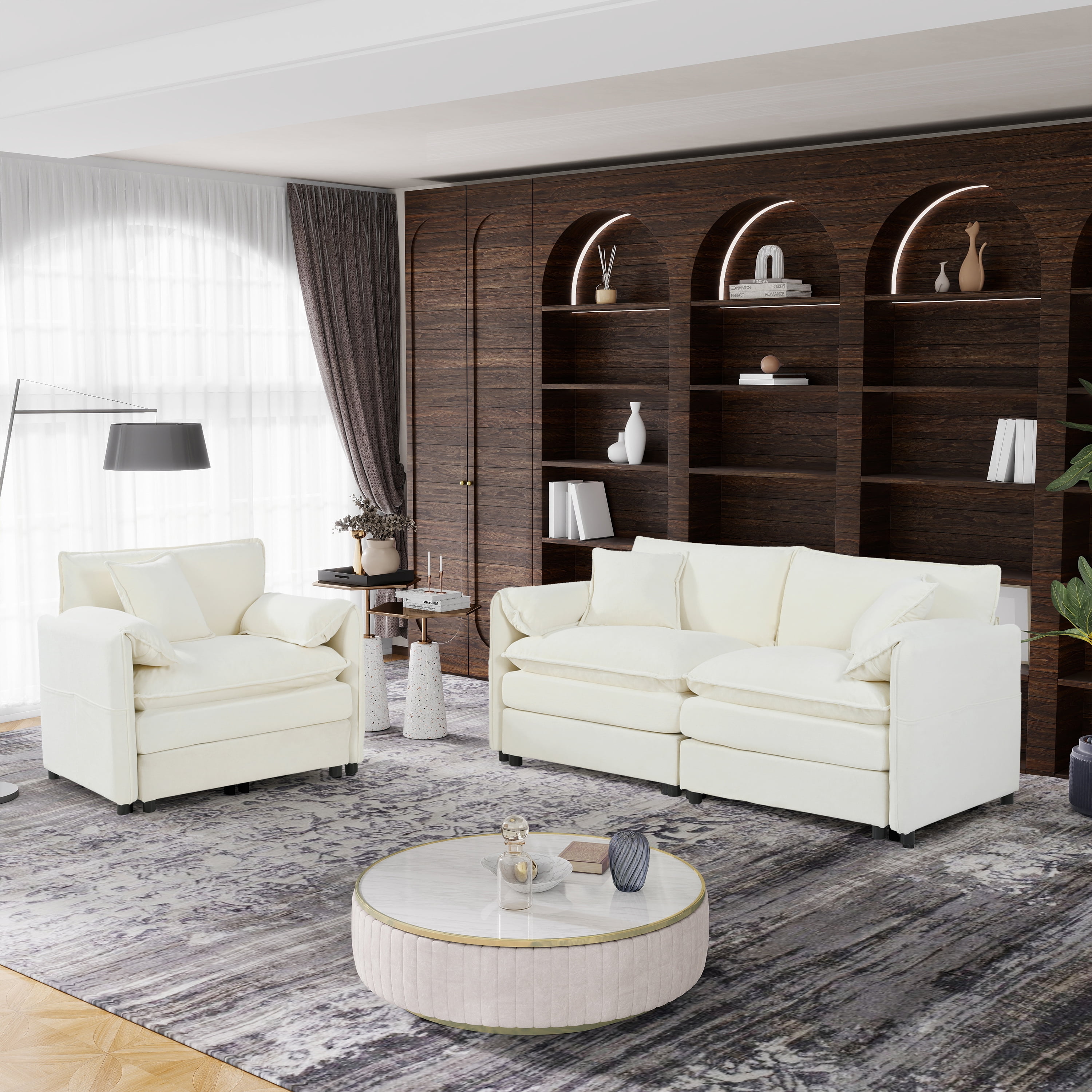 Gewnee Deep Seat Luxury 2 Piece Loveseat Couch & Sofa Armchair Set, Modern Upholstered Beige Chenille Cloud Couches Set DIY Combination Furniture with 3 Pillow for Living Room