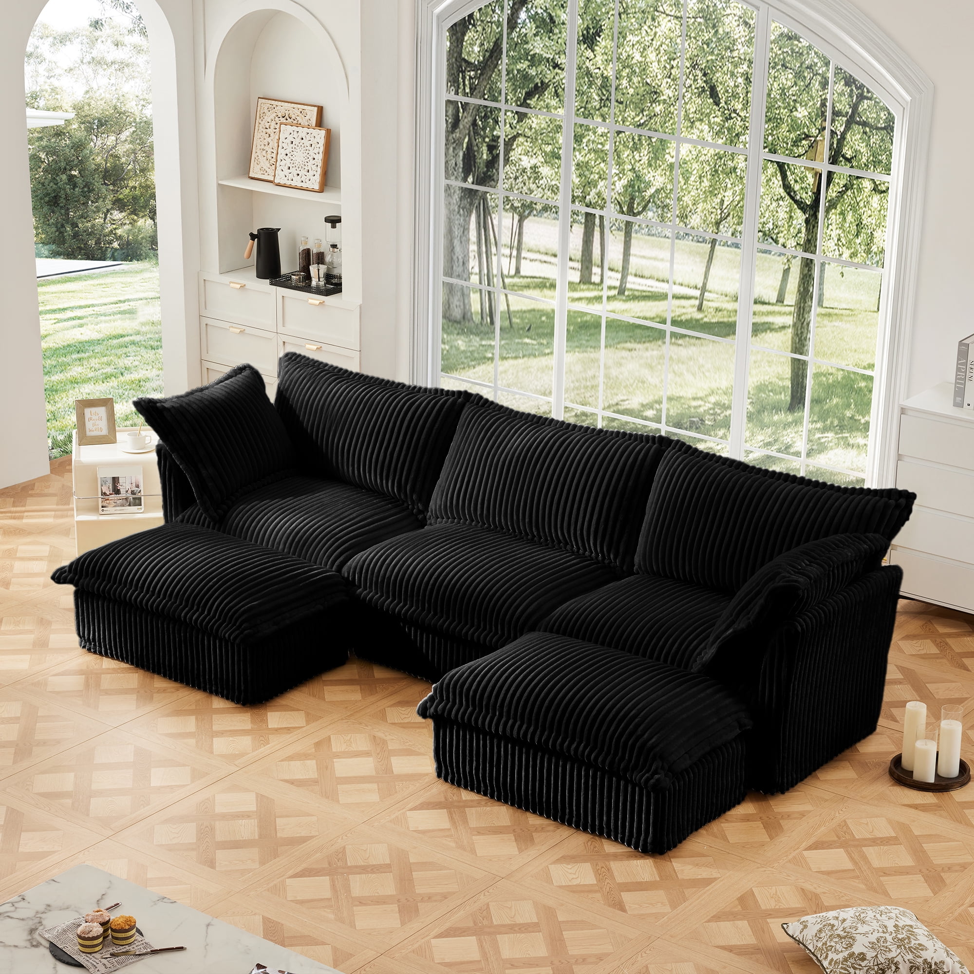 Gewnee Deep Seat Modern 3 Seater Sectional Sofa Couch With 2 Ottomans,U Shape Black Corduroy Fabric Comfy Couch for Living Room