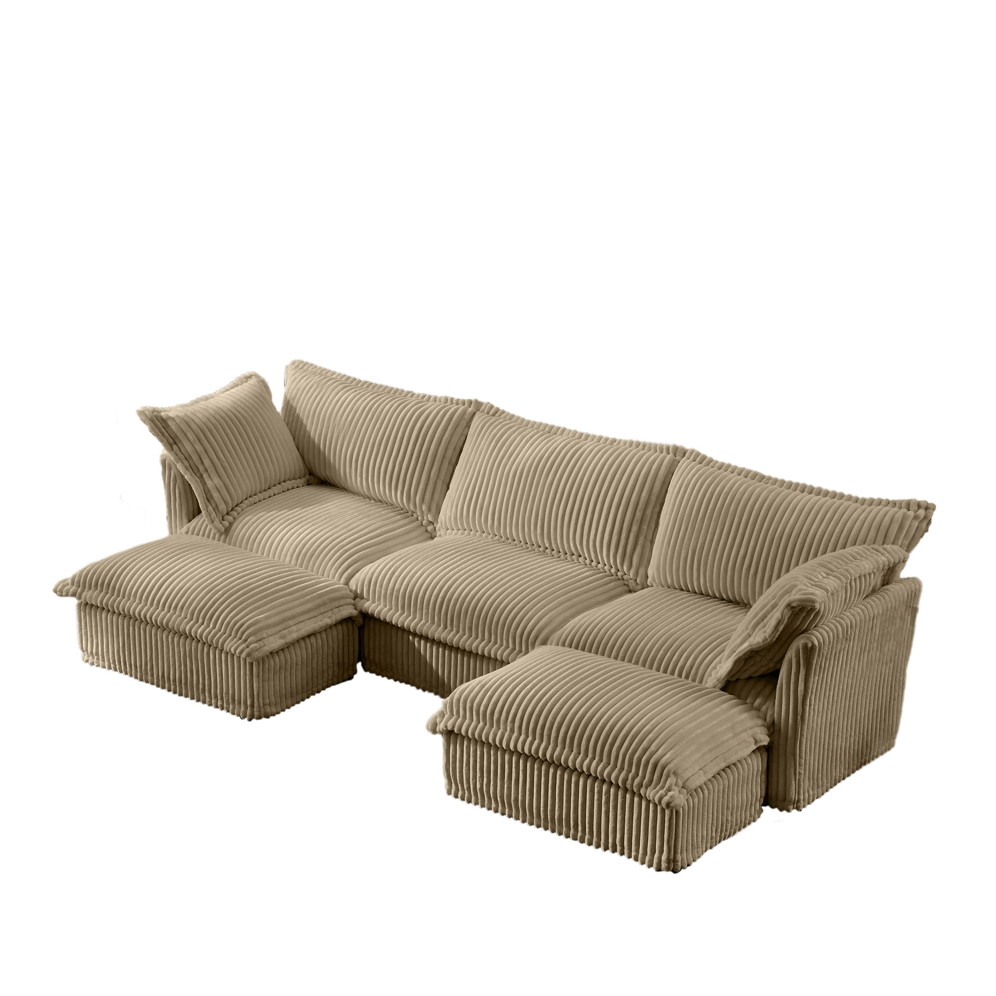 Gewnee Deep Seat Modern 3 Seater Sectional Sofa Couch With 2 Ottomans,U Shape Cream Corduroy Fabric Comfy Couch for Living Room