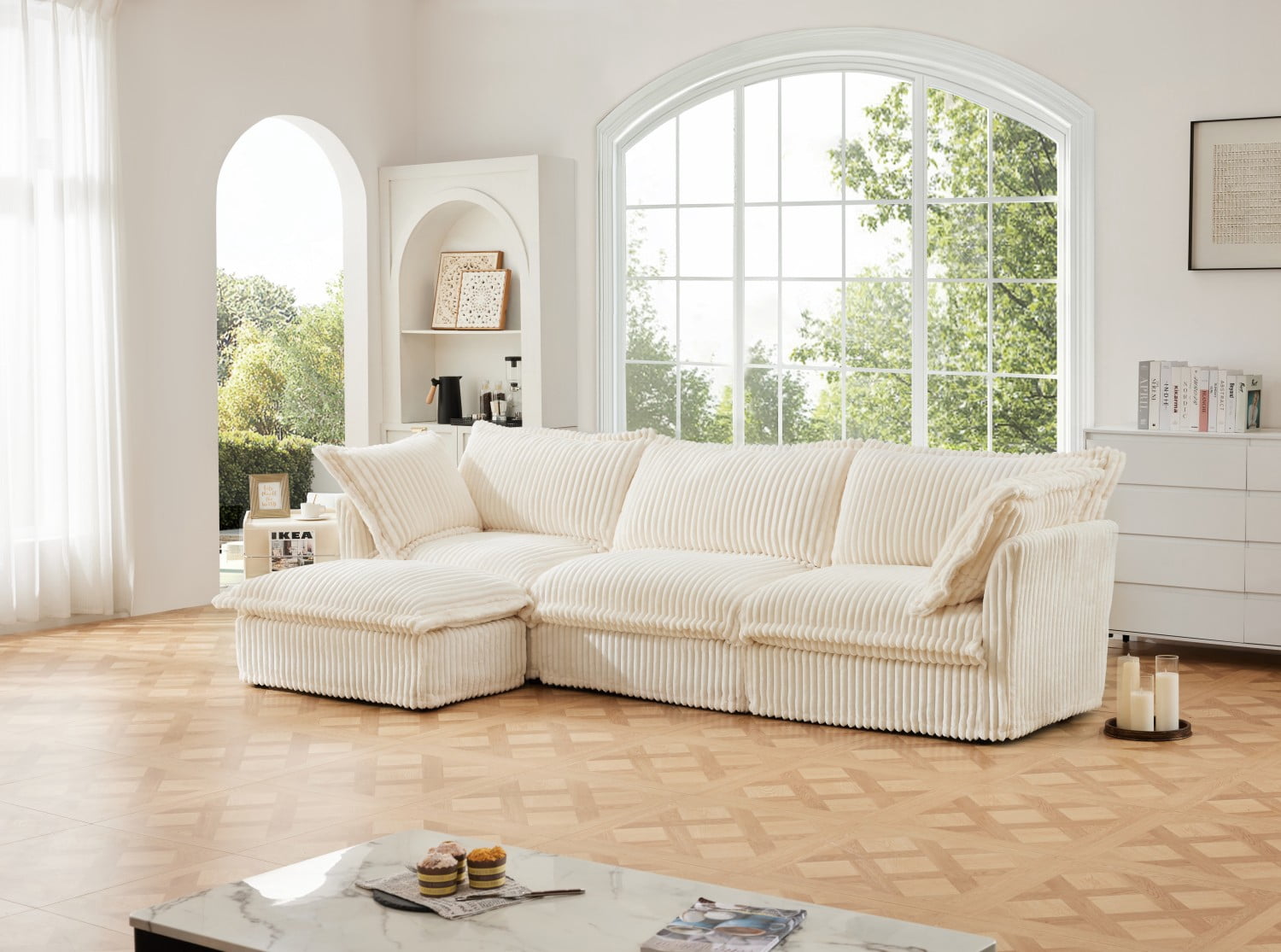 Gewnee Deep Seat Modern 3 Seater Sectional Sofa Couch With Ottoman,L Shape Cream Corduroy Fabric Comfy Couch for Living Room