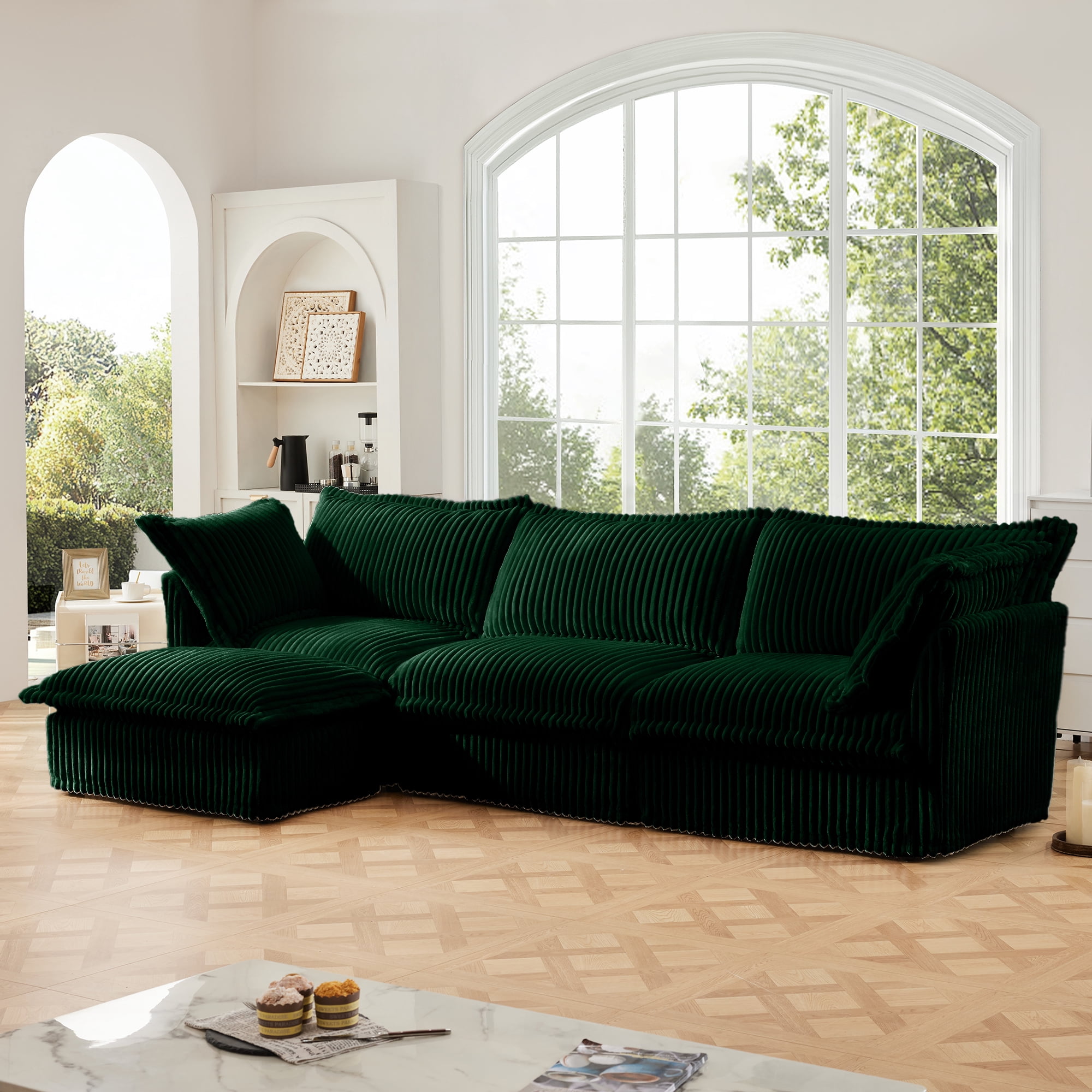 Gewnee Deep Seat Modern 3 Seater Sectional Sofa Couch With Ottoman,L Shape Green Corduroy Fabric Comfy Couch for Living Room