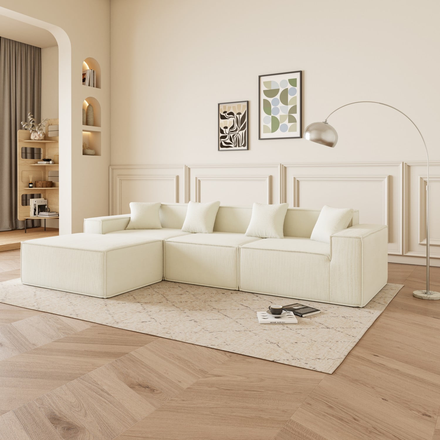 Gewnee Deep Seat Modular L-Shaped Sectional Sofa Couch With Ottoman Cloud Corduroy Couches for Living Room