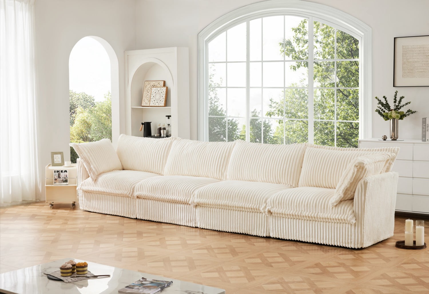 Gewnee Deep Seat Slipcovered Oversize 4 Seater Sectional Sofa Couch with Removable Cover,Comfy Cream Corduroy Fabric for Living Room