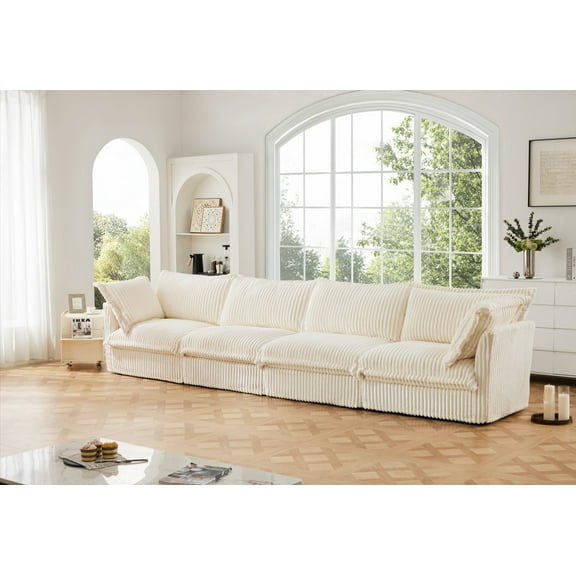 Gewnee Deep Seat Slipcovered Oversize 4 Seater Sectional Sofa Couch with Removable Cover,Comfy Cream Corduroy Fabric for Living Room