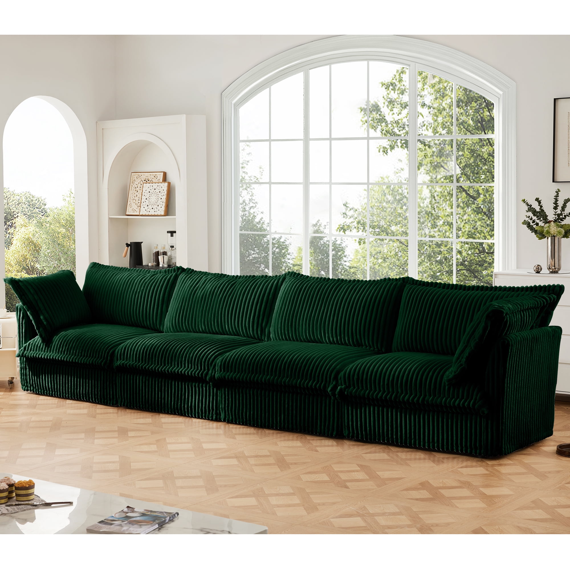 Gewnee Deep Seat Slipcovered Oversize 4 Seater Sectional Sofa Couch with Removable Cover,Comfy Green Corduroy Fabric for Living Room