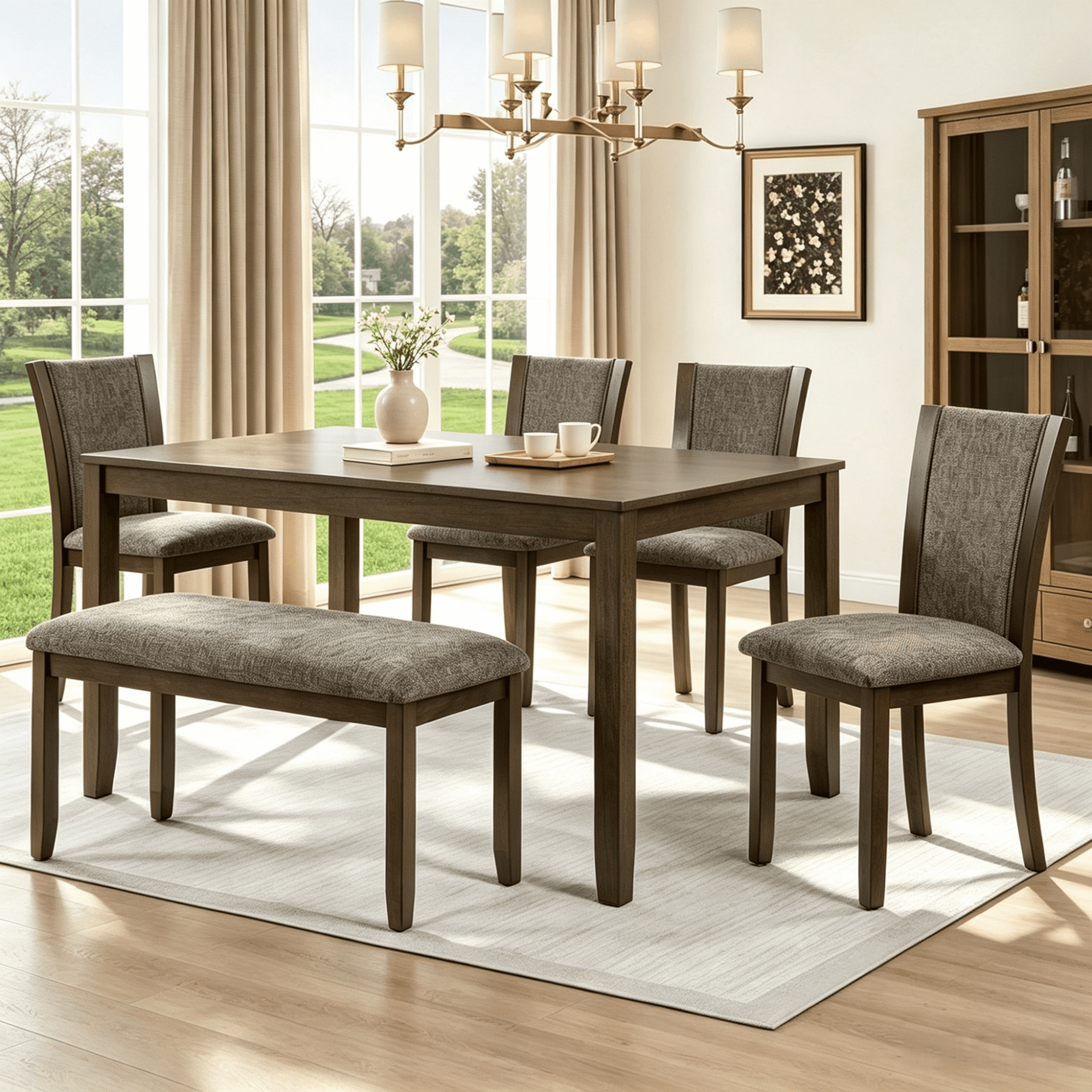 Gewnee Dining Set for 6,Farmhouse 6 Piece Dining Table Sets with Bench,Rectangle Wood Kitchen Table and 4 Upholstered Chairs.Dark walnut
