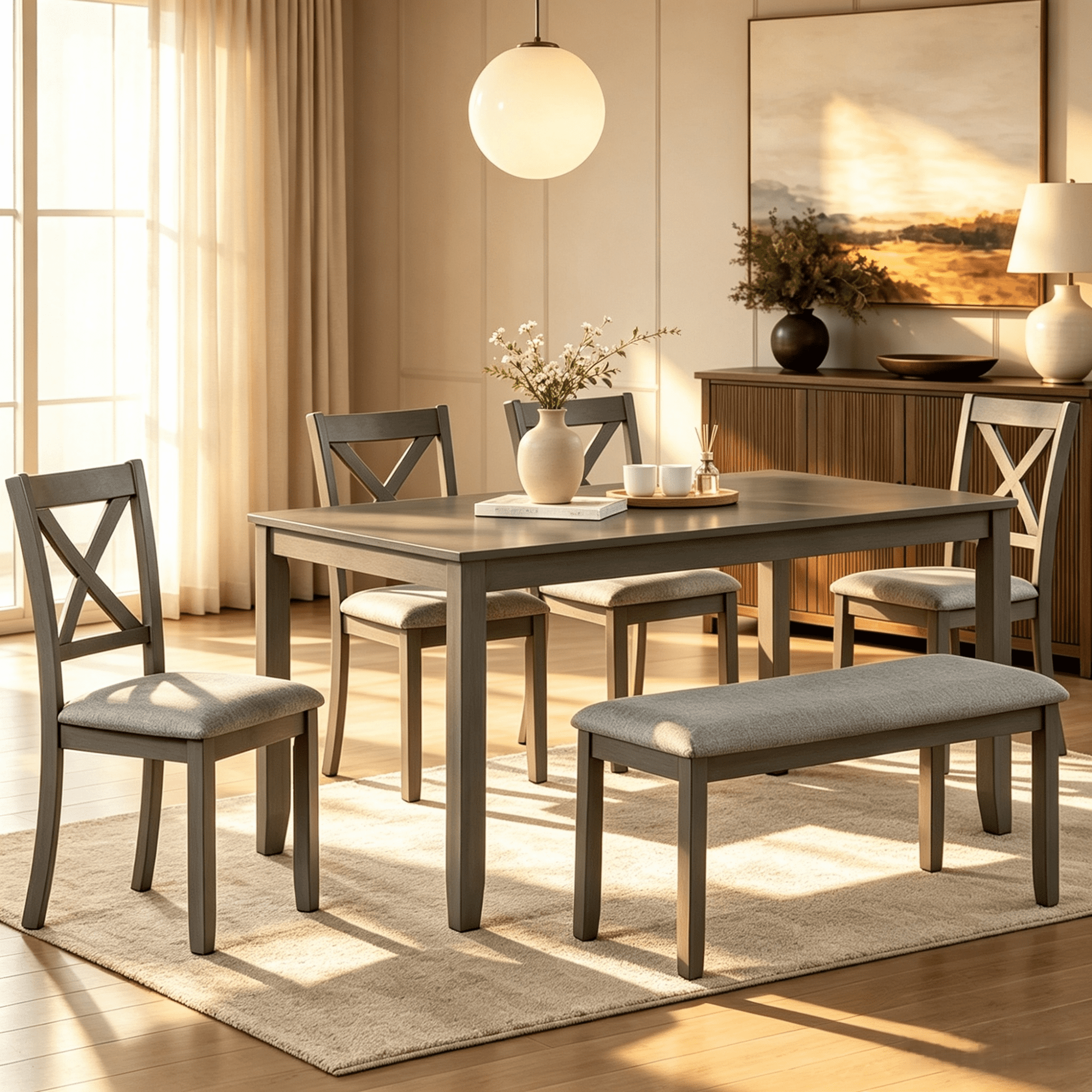 Gewnee Dining Set for 6,Farmhouse 6 Piece Dining Table Sets with Bench,Rectangle Wood Kitchen Table and 4 Upholstered Chairs.Gray