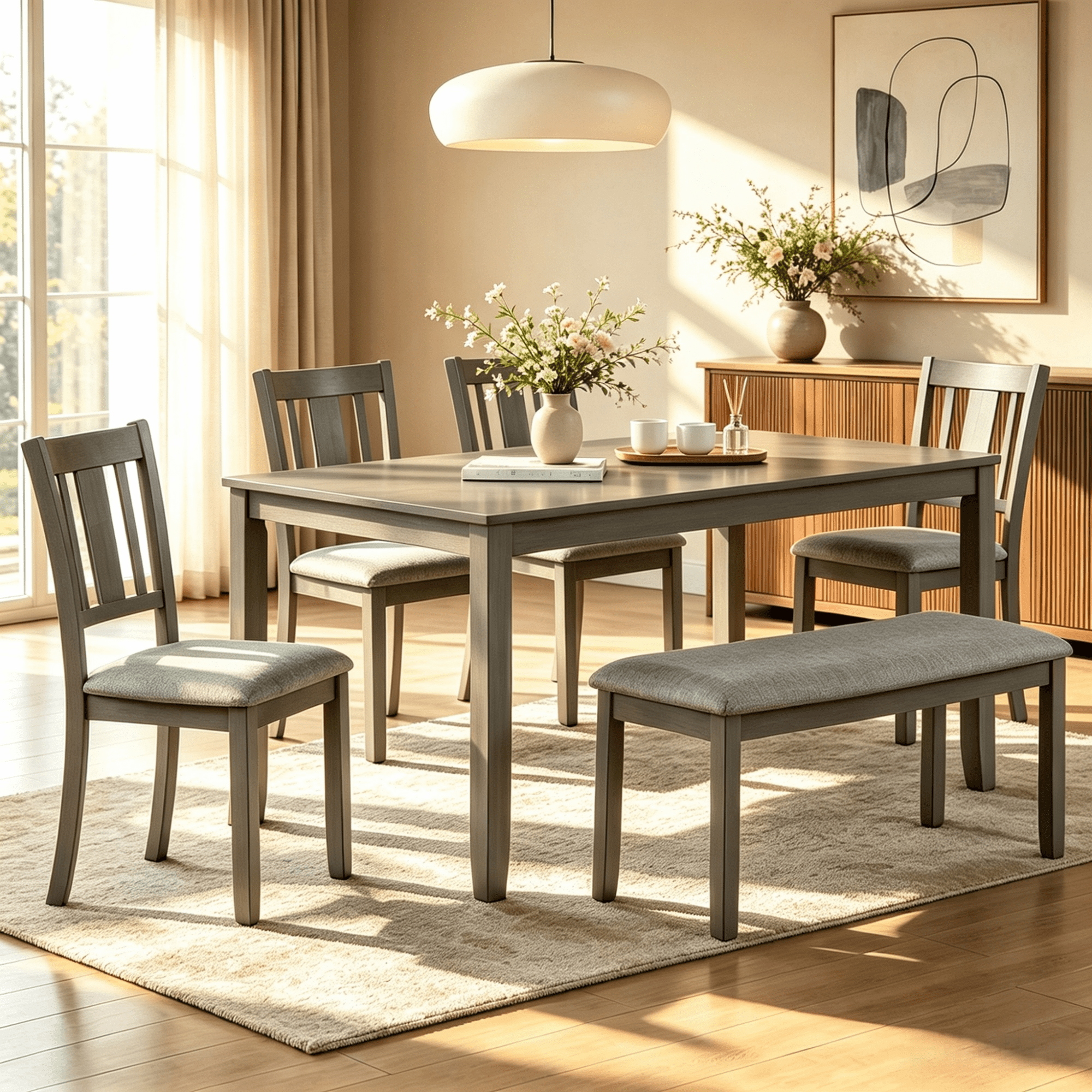 Gewnee Dining Set for 6,Farmhouse 6 Piece Dining Table Sets with Bench,Rectangle Wood Kitchen Table and 4 Upholstered Chairs.Gray