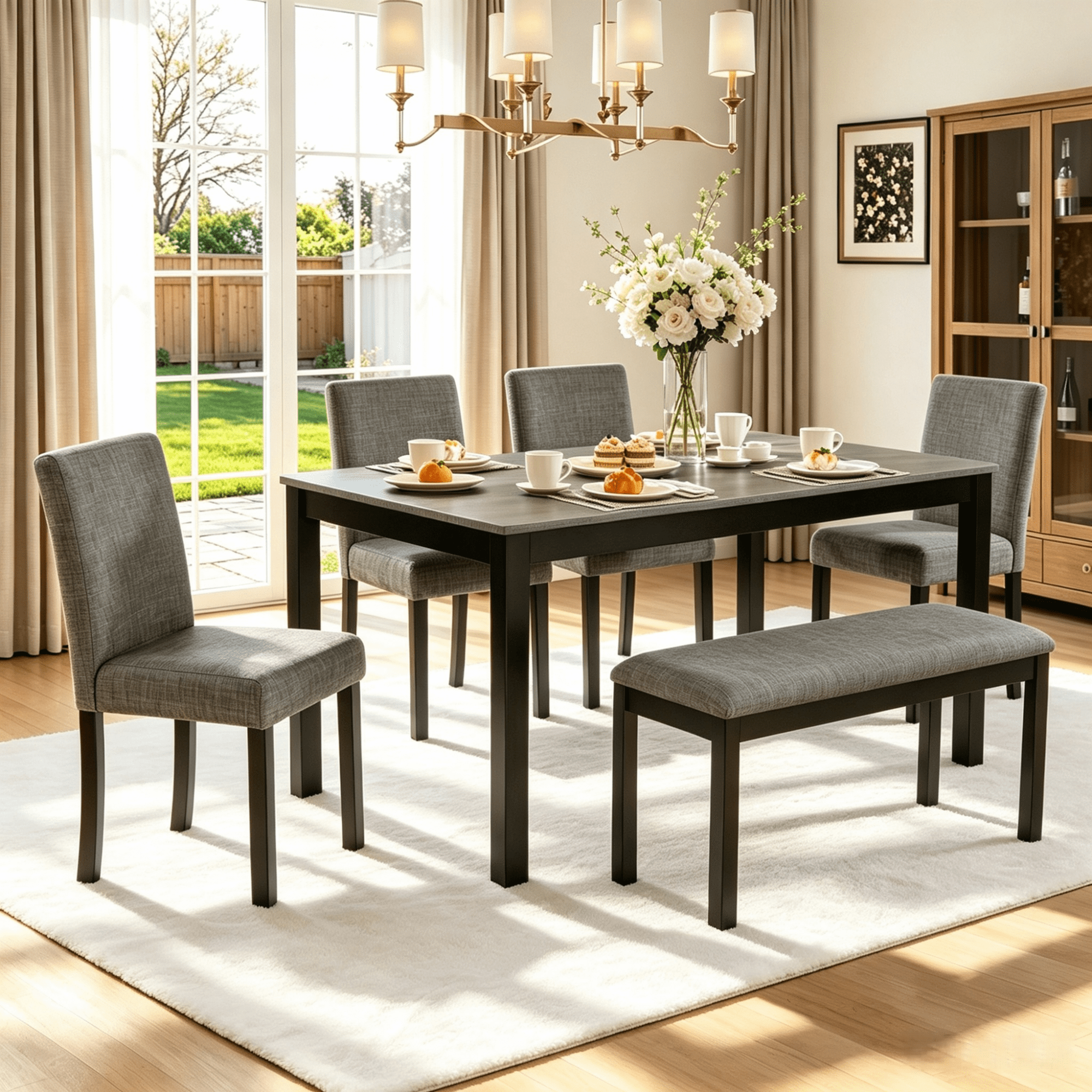 Gewnee Dining Set for 6,Farmhouse 6 Piece Dining Table Sets with Bench,Rectangle Wood Kitchen Table and 4 Upholstered Chairs.Light Grey & Black