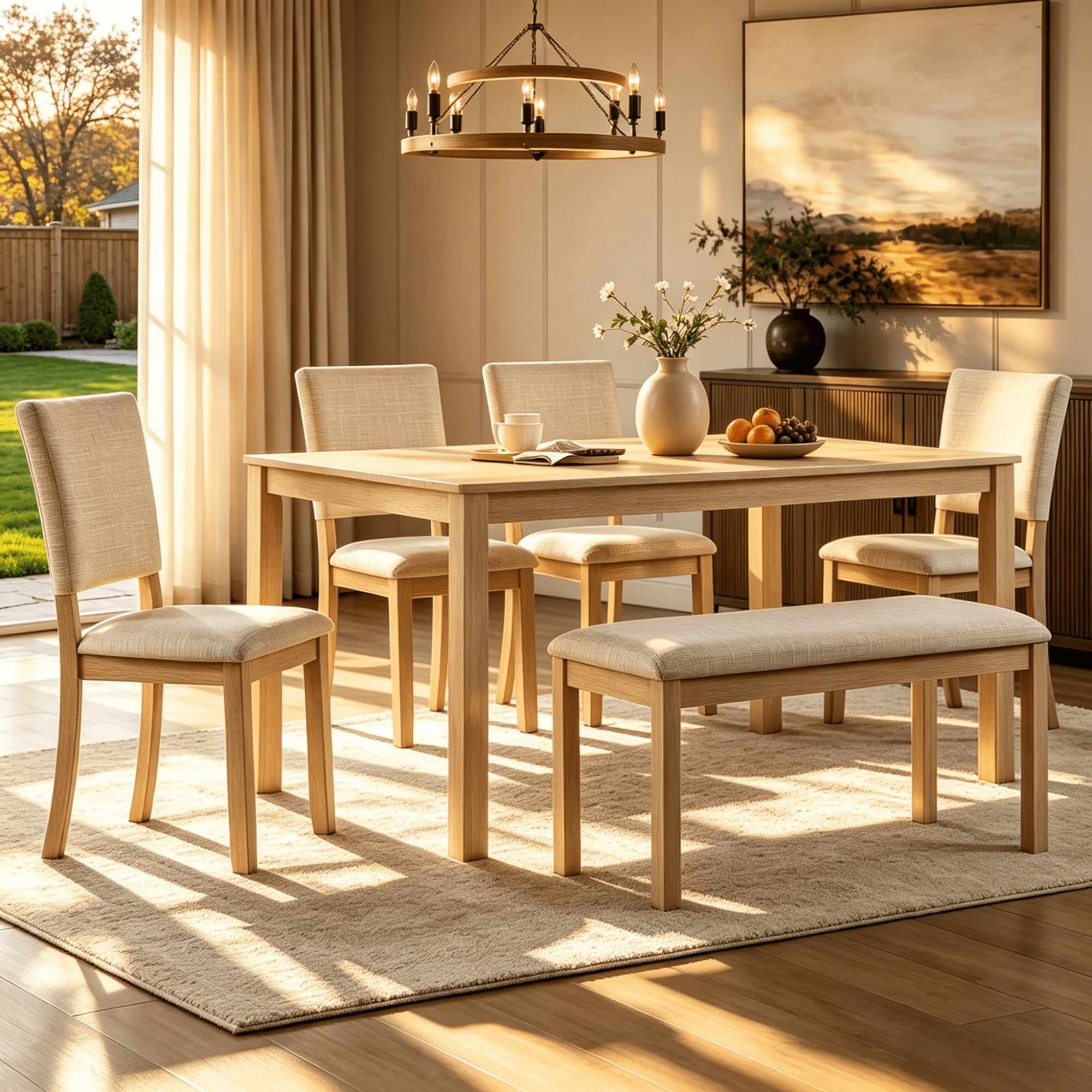 Gewnee Dining Set for 6,Farmhouse 6 Piece Dining Table Sets with Bench,Rectangle Wood Kitchen Table and 4 Upholstered Chairs.Light Oak & Beige
