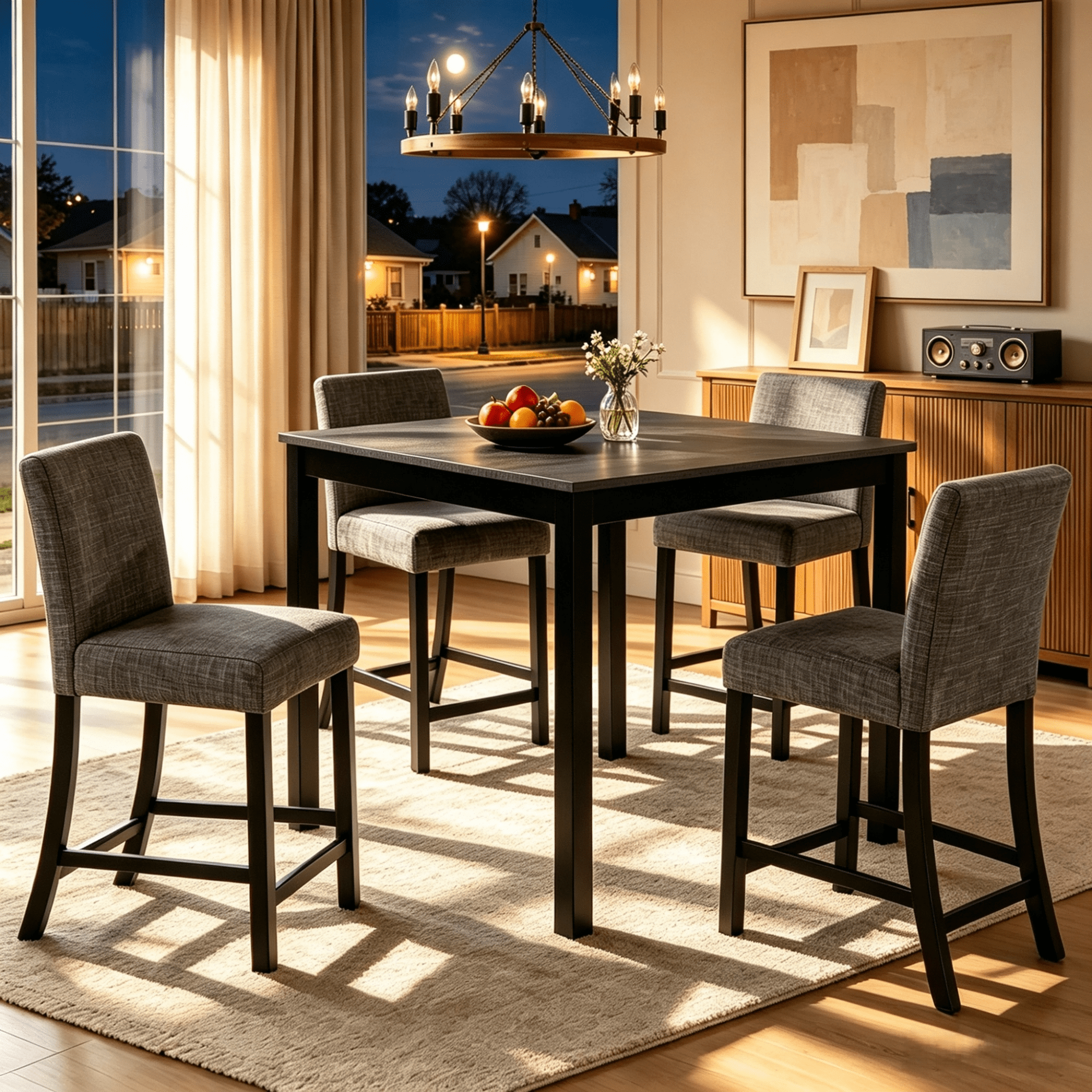 Gewnee Dining Table Set for 4,5 Piece Dining Room Table Set with Gray Fabric Upholstered Chairs,Wooden Counter Height Table Set for Kitchen.Light Gray & Black Two Tone