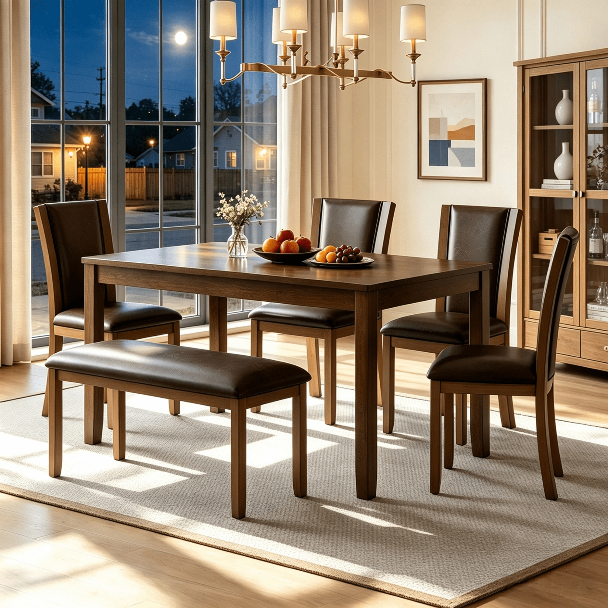 Gewnee Dining Table Set for 6,Farmhouse 6 Piece Dining Room Set with Bench,Solid Wood Kitchen Table Set with 4 PU Upholstered Chairs for Dining Room and Kitchen.Dark Walnut