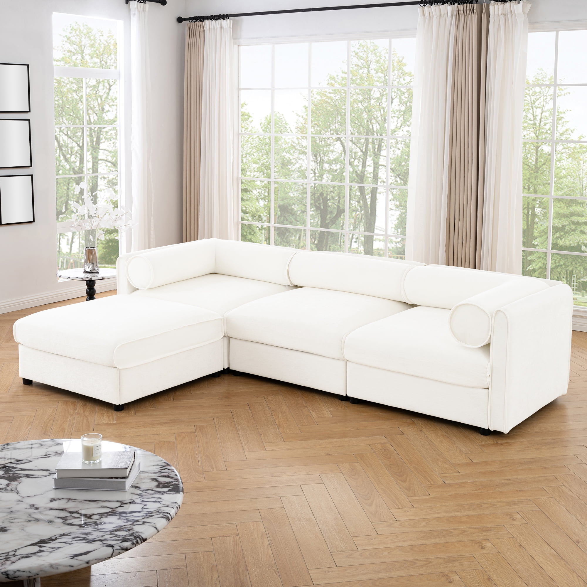 Gewnee Elegant 109" Deep Seat White Chenille Sofa with Hidden Storage Seat and 1 Ottoman,Cylindrical Backrest and Armrests, Contemporary 3-Seater Couch For Compartment