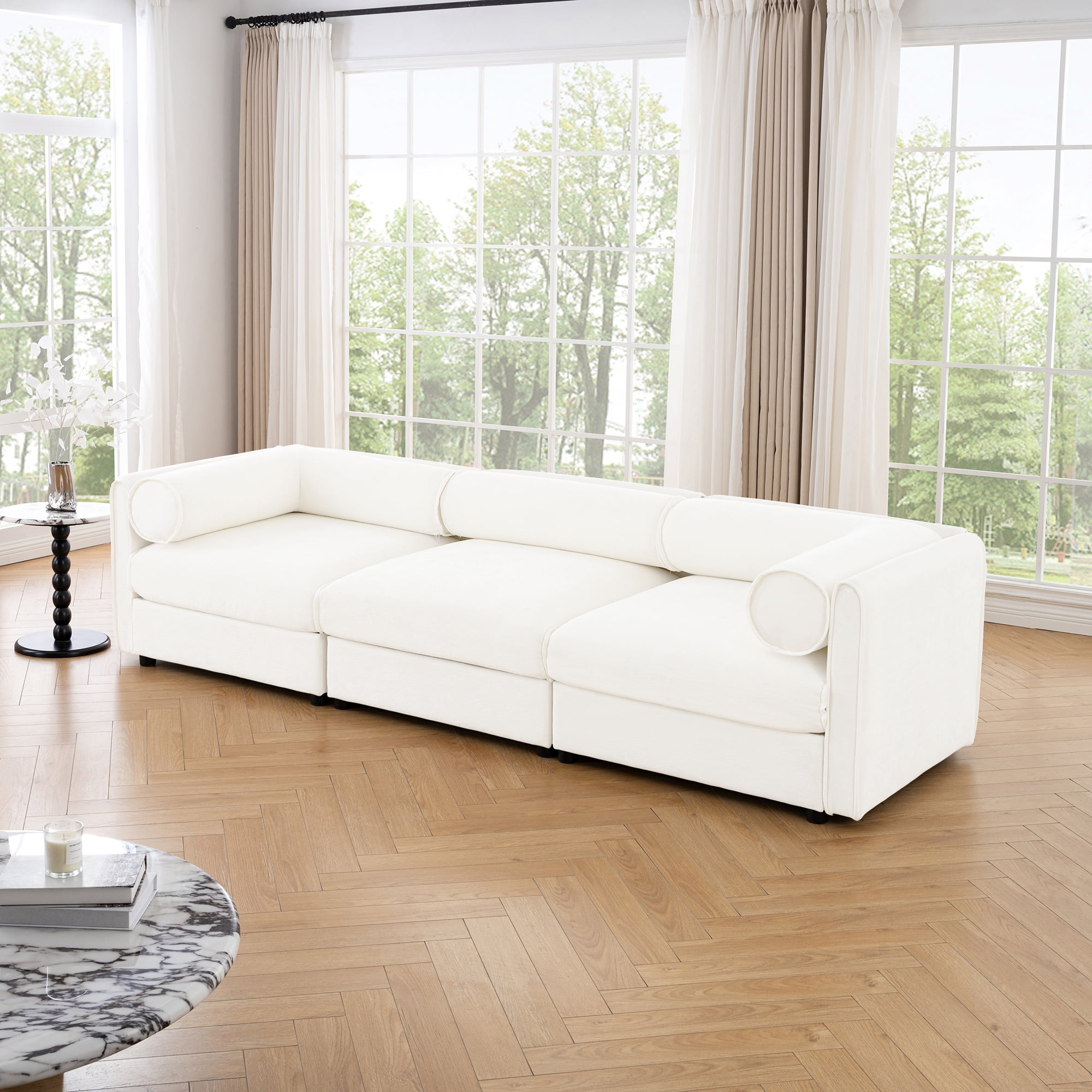 Gewnee Elegant 109" Deep Seat White Chenille Sofa with Hidden Storage Seat, Cylindrical Backrest and Armrests, Contemporary 3-Seater Couch For Compartment