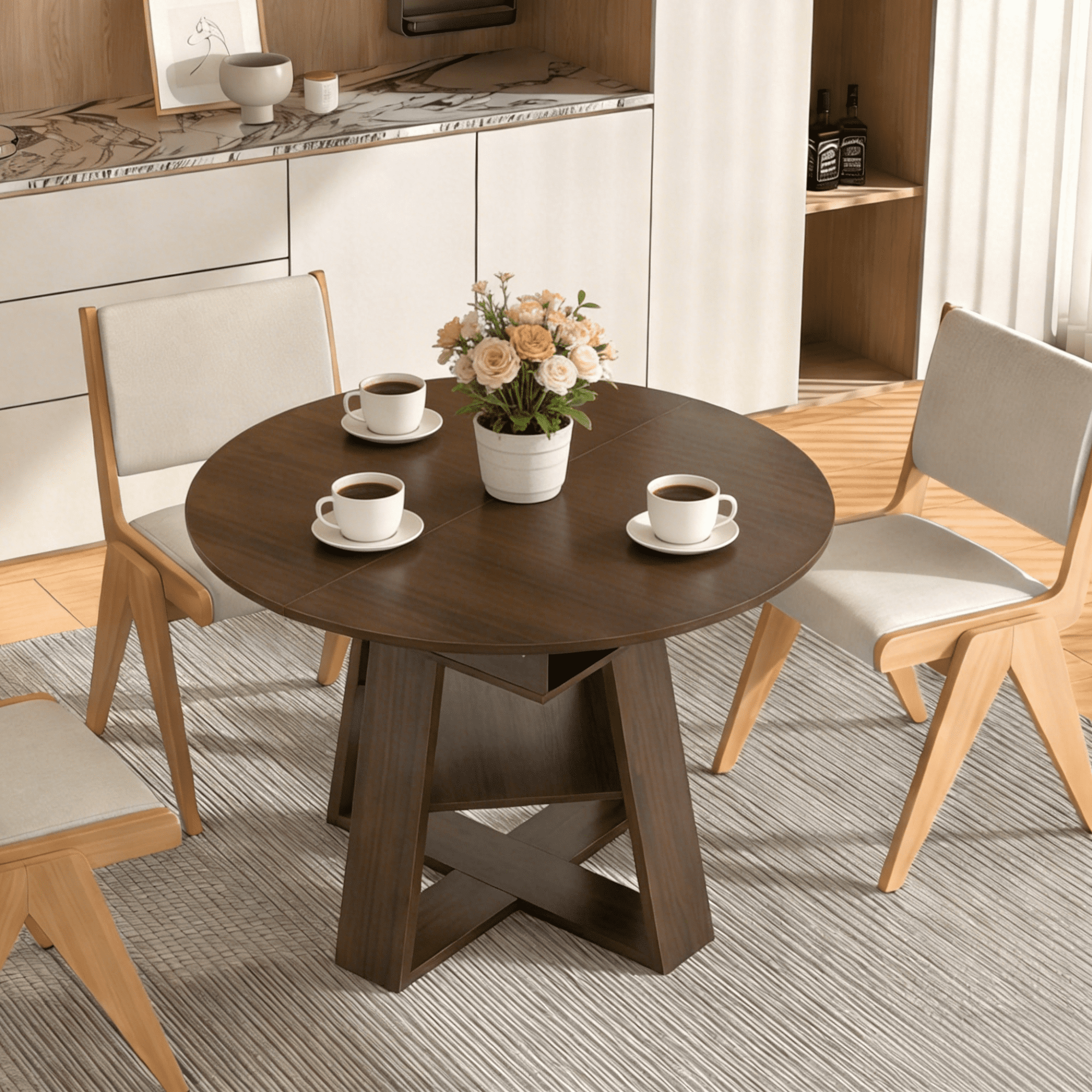 Gewnee Extendable Dining Table with Open Storage Shelf,Retractable Design with 2 Leaves,Modern MDF Wood Table for Small Spaces,Easy Assembly,Walnut Finish