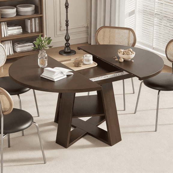 Gewnee 43.3‑59" Expandable Dining Table, MDF Construction with 2 Leaves, Cross‑Shaped Base & Open Storage Shelf, Seats 4‑6, Space‑Saving for Kitchen & Small Spaces, Walnut