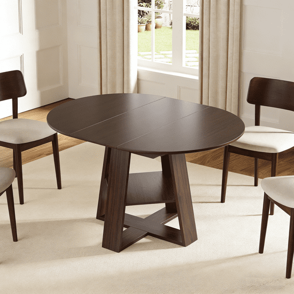 Gewnee Extendable MDF Dining Table with 2 Leaves, Open Storage Shelf for Dining Room & Small Spaces, Walnut