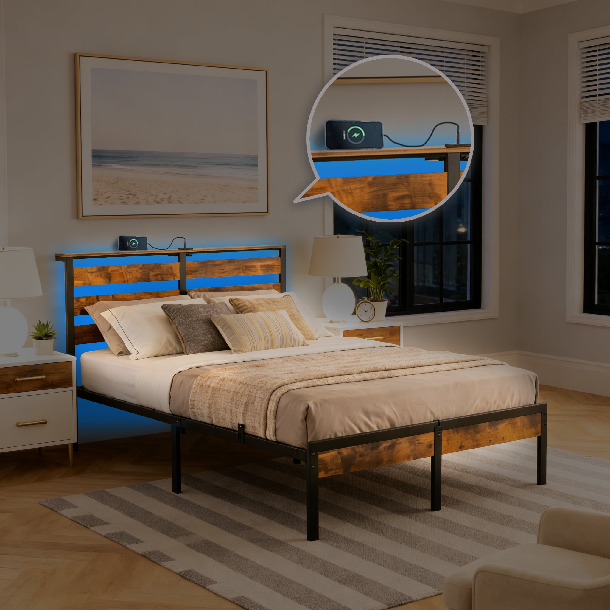 Gewnee FULL Size Metal Bed Frame with RGB Lights & Charging Station (3 USB + 1 Type-C),Headboard with Shelf,No Box Spring Needed,Under-Bed Storage,Ideal for Bedroom,Dorm,Guest Room