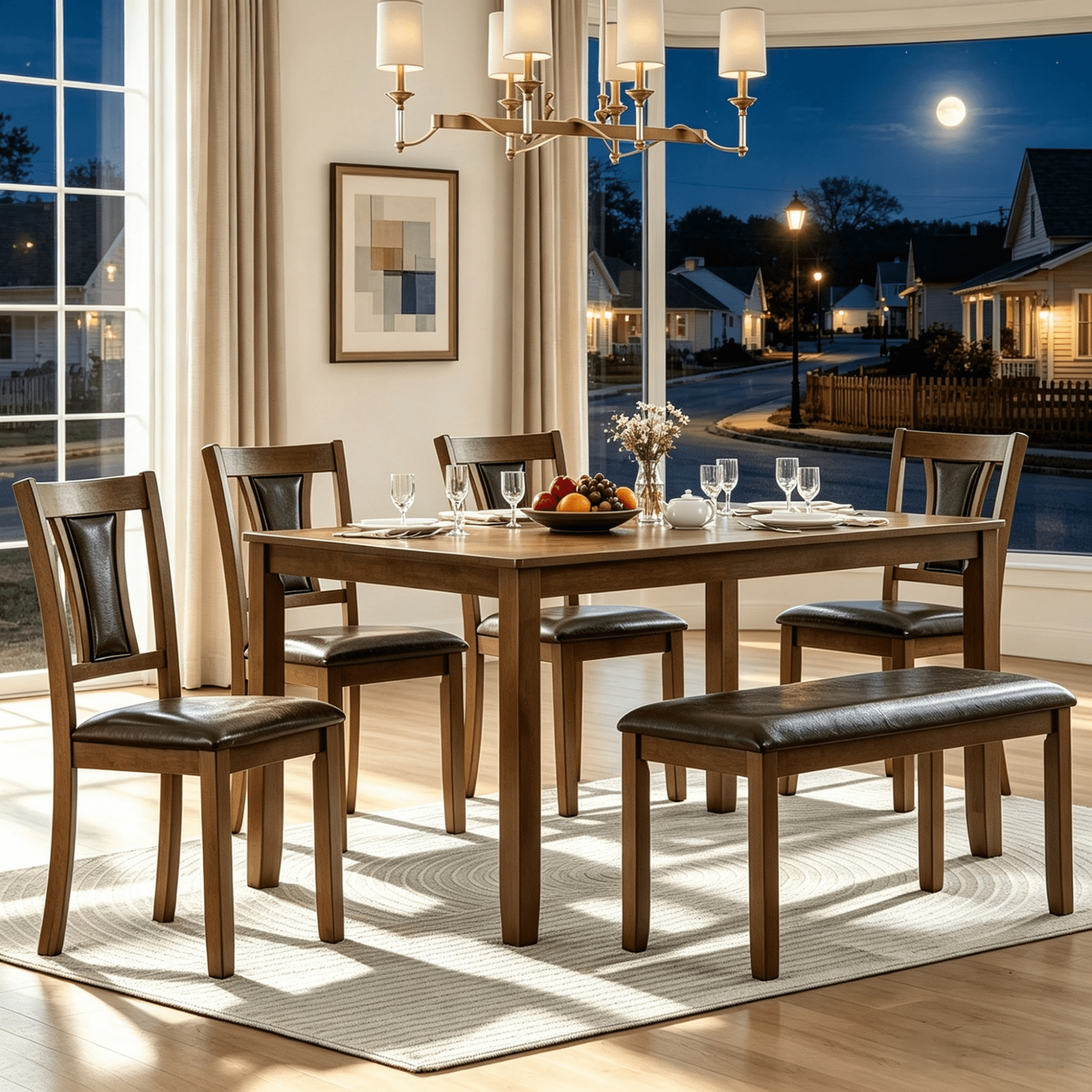 Gewnee Farmhouse 6 Piece Kitchen Dining Table Set,Rectangular Table with 4 PU Upholstered Chairs and a Bench,Wood Dining Room Table Set for 6 People.Walnut